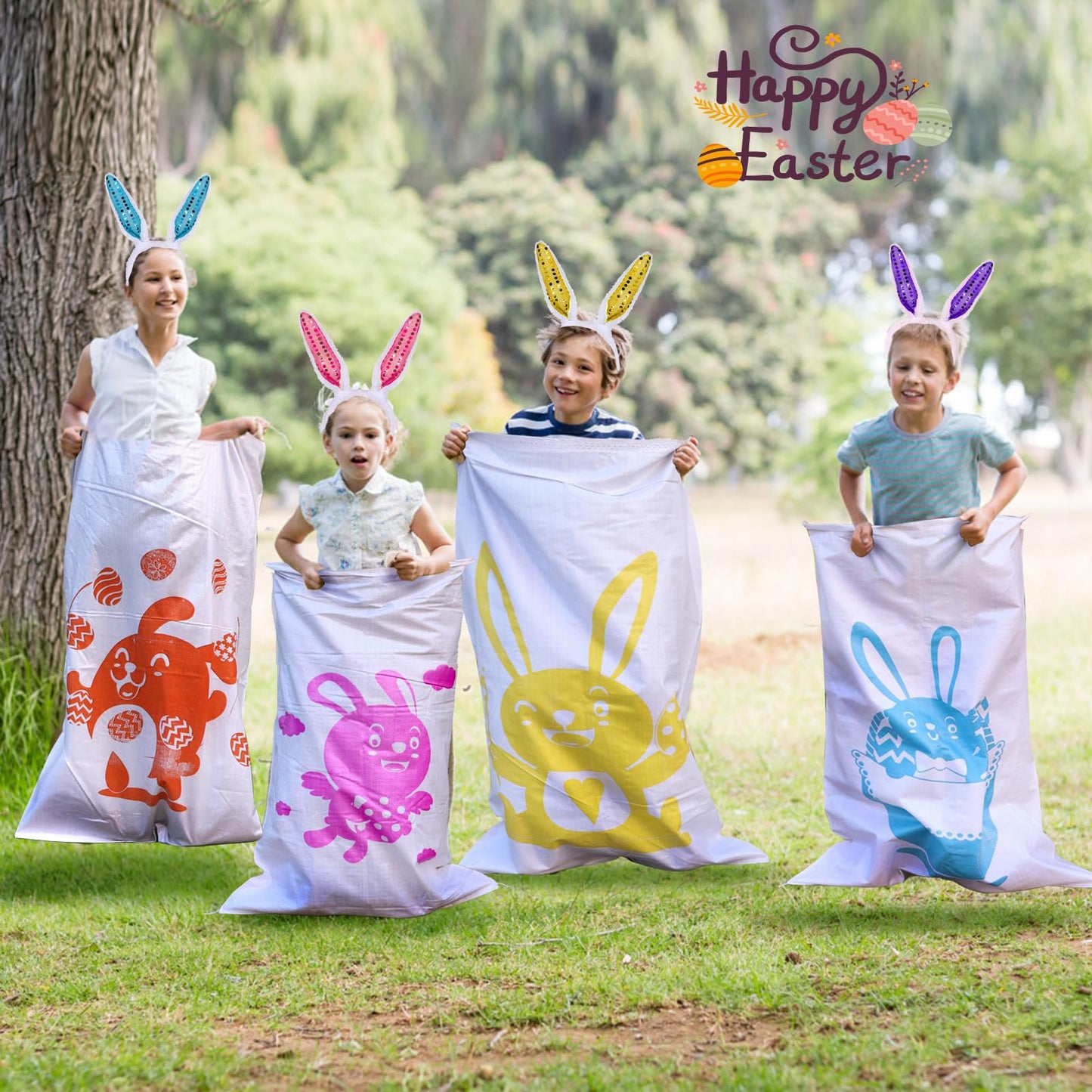 Atonofun 29 Pack Easter Games for Kids Outdoor, Potato Jumping Bags, Bunny Ears Headbands, Egg