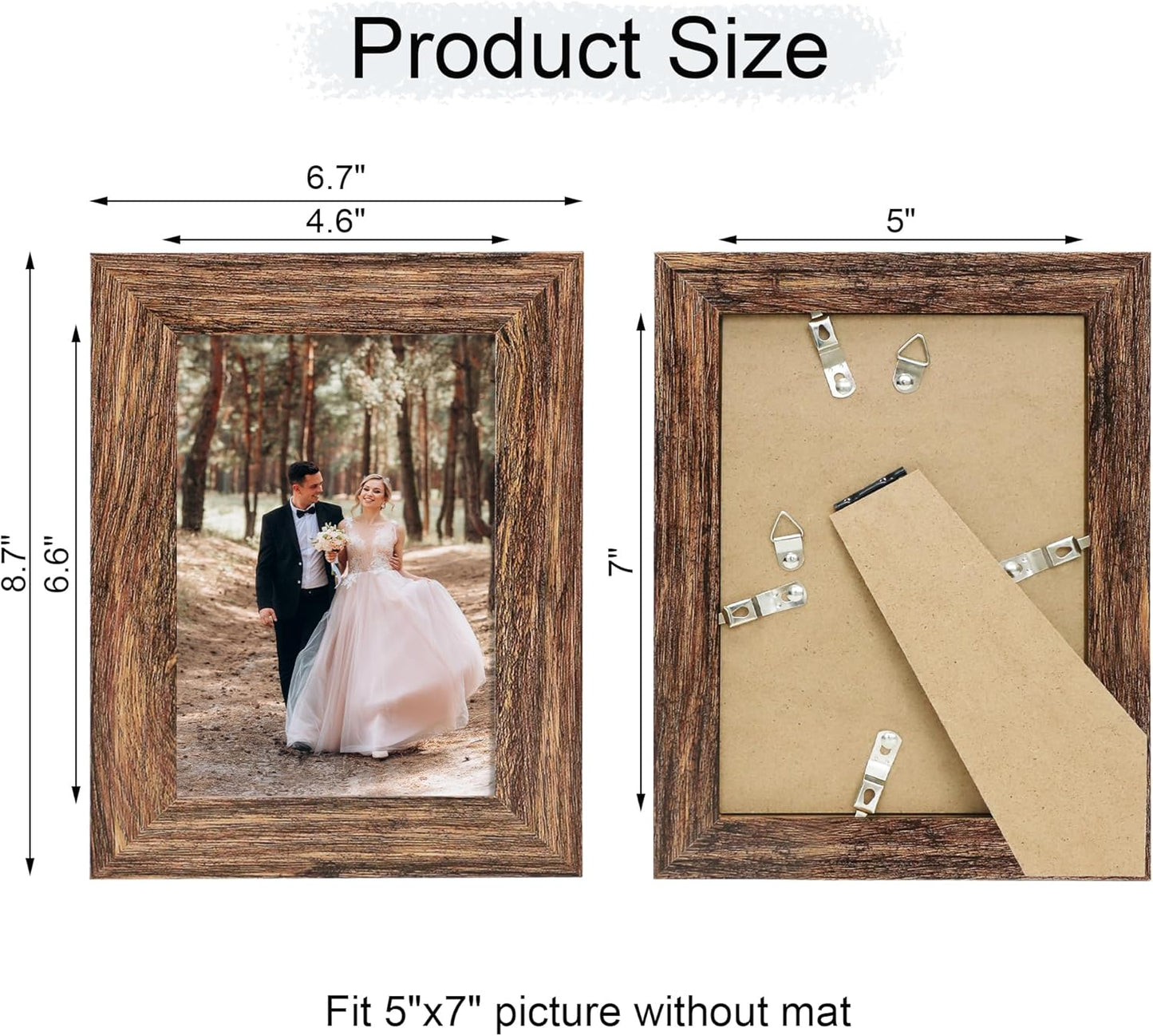 5x7 Picture Frame Set of 4, High Definition Glass Brown Frame, 5 x 7 Wood Rustic Photo Frames for Horizontal or Vertical Table Top and Wall Mounting