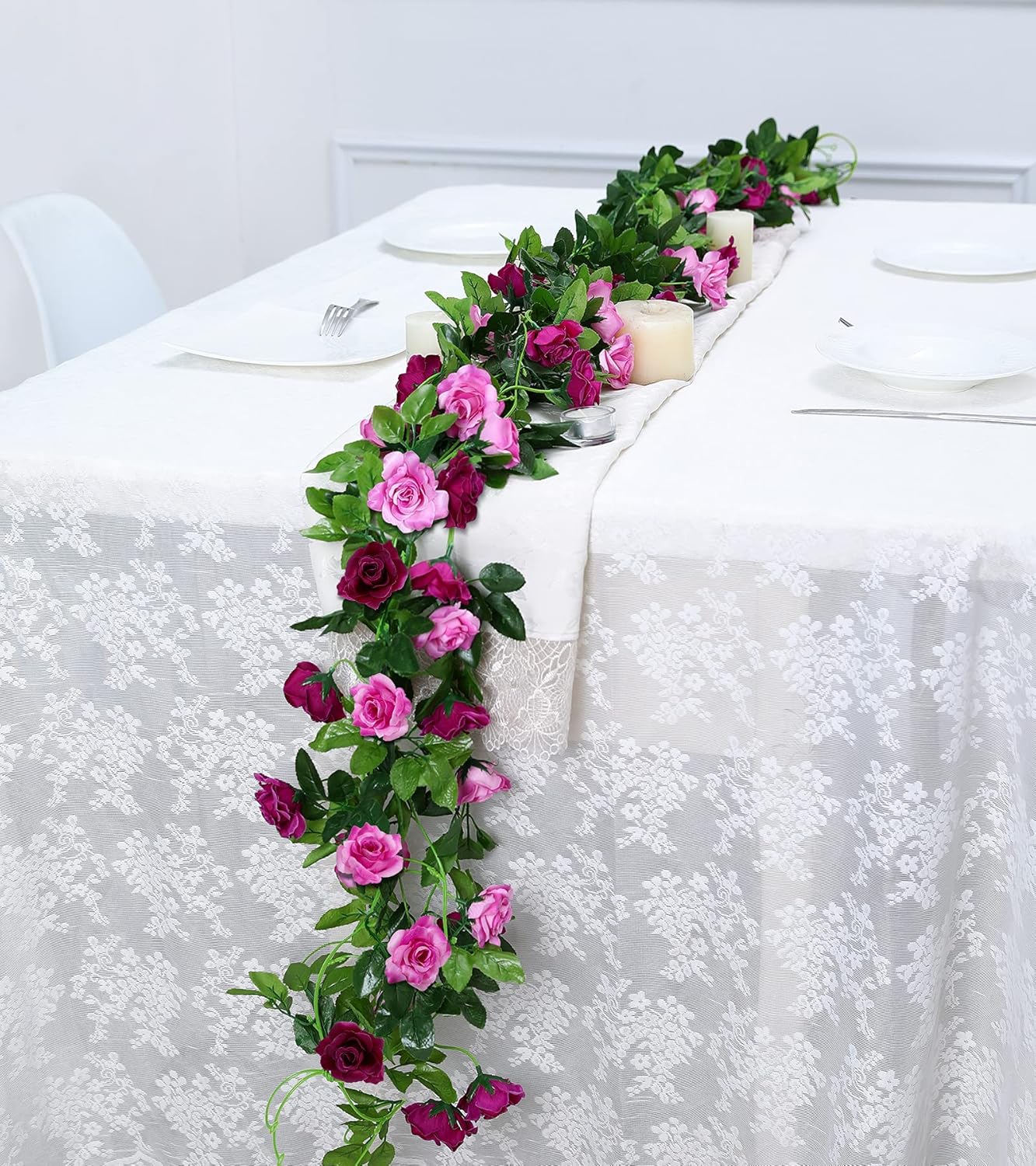 Floweroyal 2 Pack Artificial Flower Garlands 15.8FT Fake Rose Vines Silk Flowers Hanging Rose Ivy for Wedding Arch Party Home Garden Wall Decor (Fuchsia)