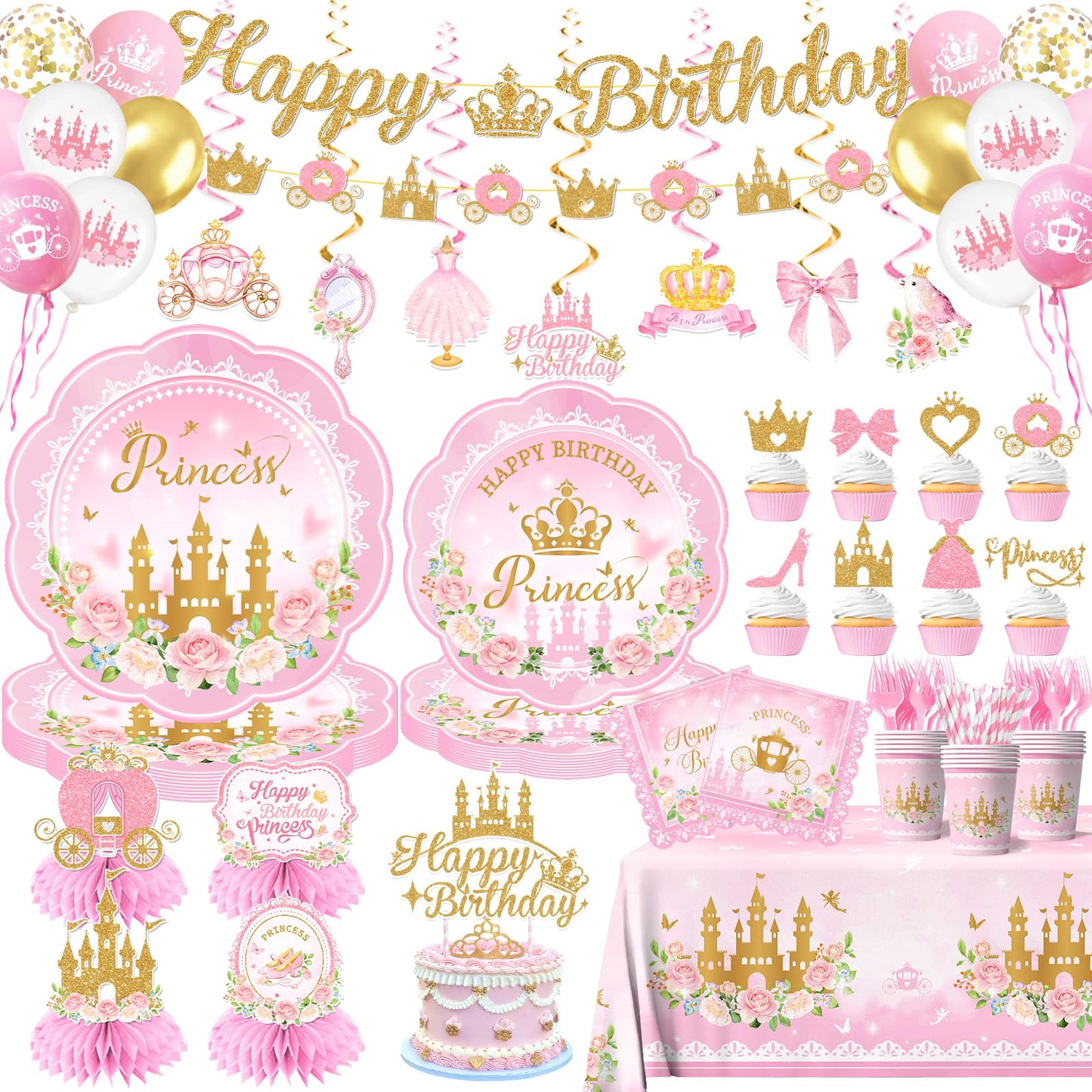 196Pcs Princess Birthday Party Decorations Serves 24,Pink Princess Birthday Themed Tableware