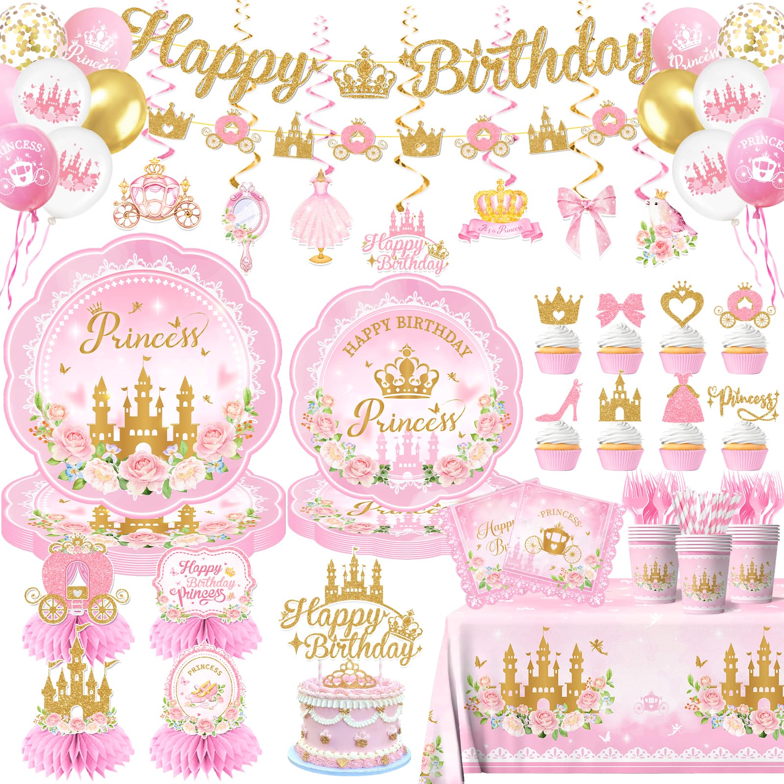 196Pcs Princess Birthday Party Decorations Serves 24,Pink Princess Birthday Themed Tableware