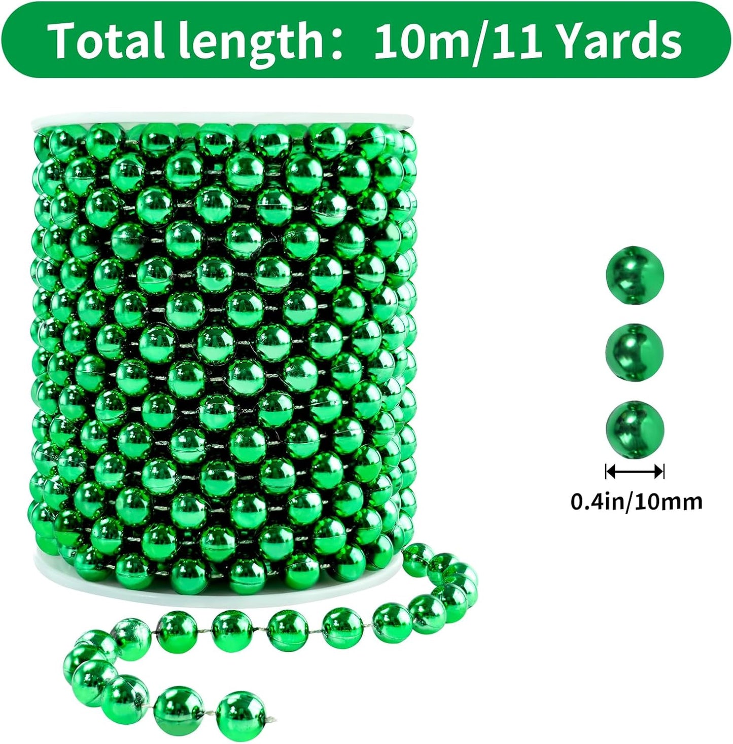 Faux Pearl Bead Garland - 10mm Christmas Tree Beads 11 Yards Green Pearl Strands Spool Roll for Wedding Party Christmas Tree Decoration