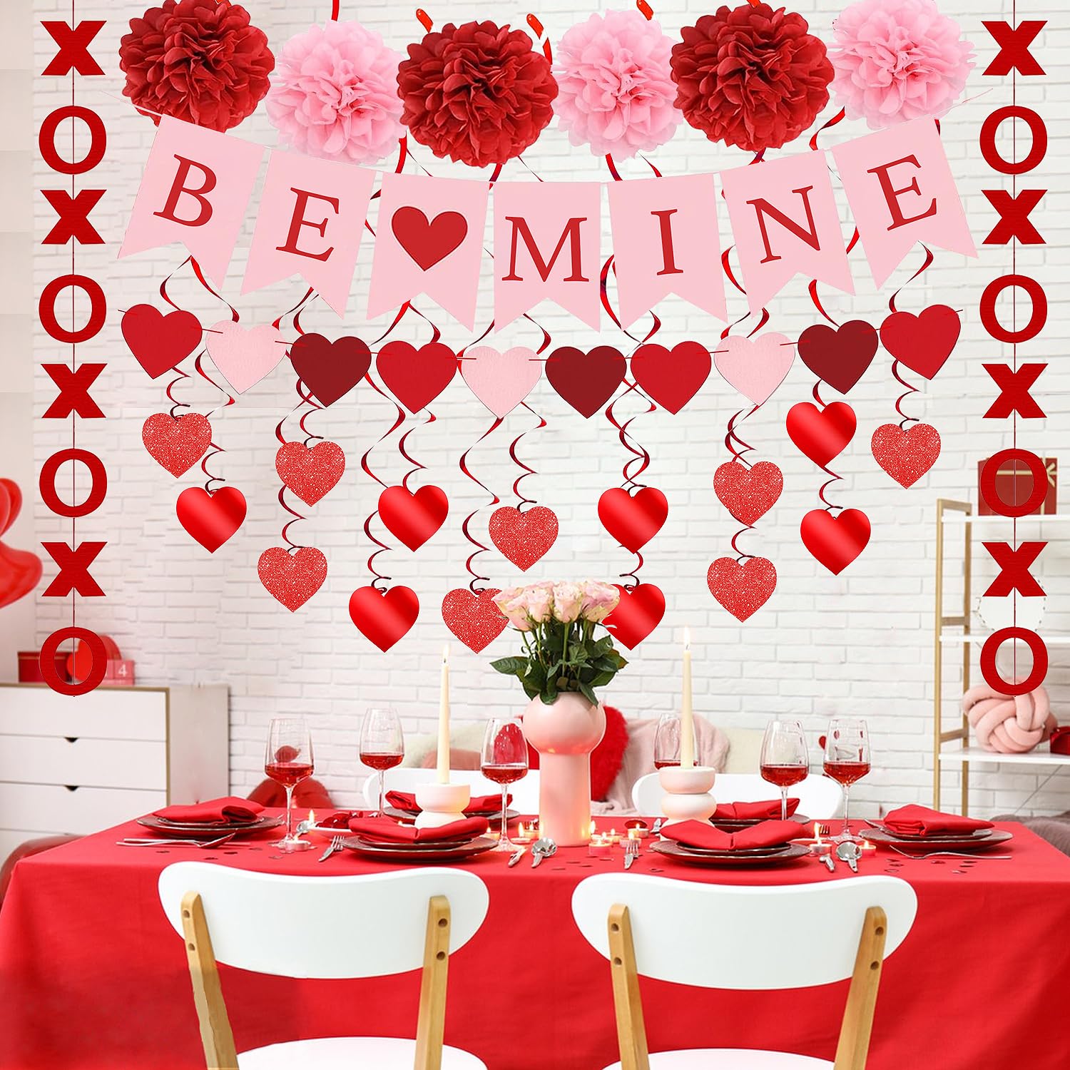 Upgraded Valentines Day Decorations Set Pre-Assembled Hanging Heart Swirls,BE Mine Banner,Heart XO