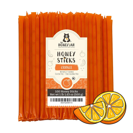The Honey Jar Orange Flavored Honey Sticks - Pure Honey Straws For Tea, Coffee, or a Healthy Treat - One Teaspoon of Flavored Honey Per Stick - Made In The USA with Real Honey - (100 Count)