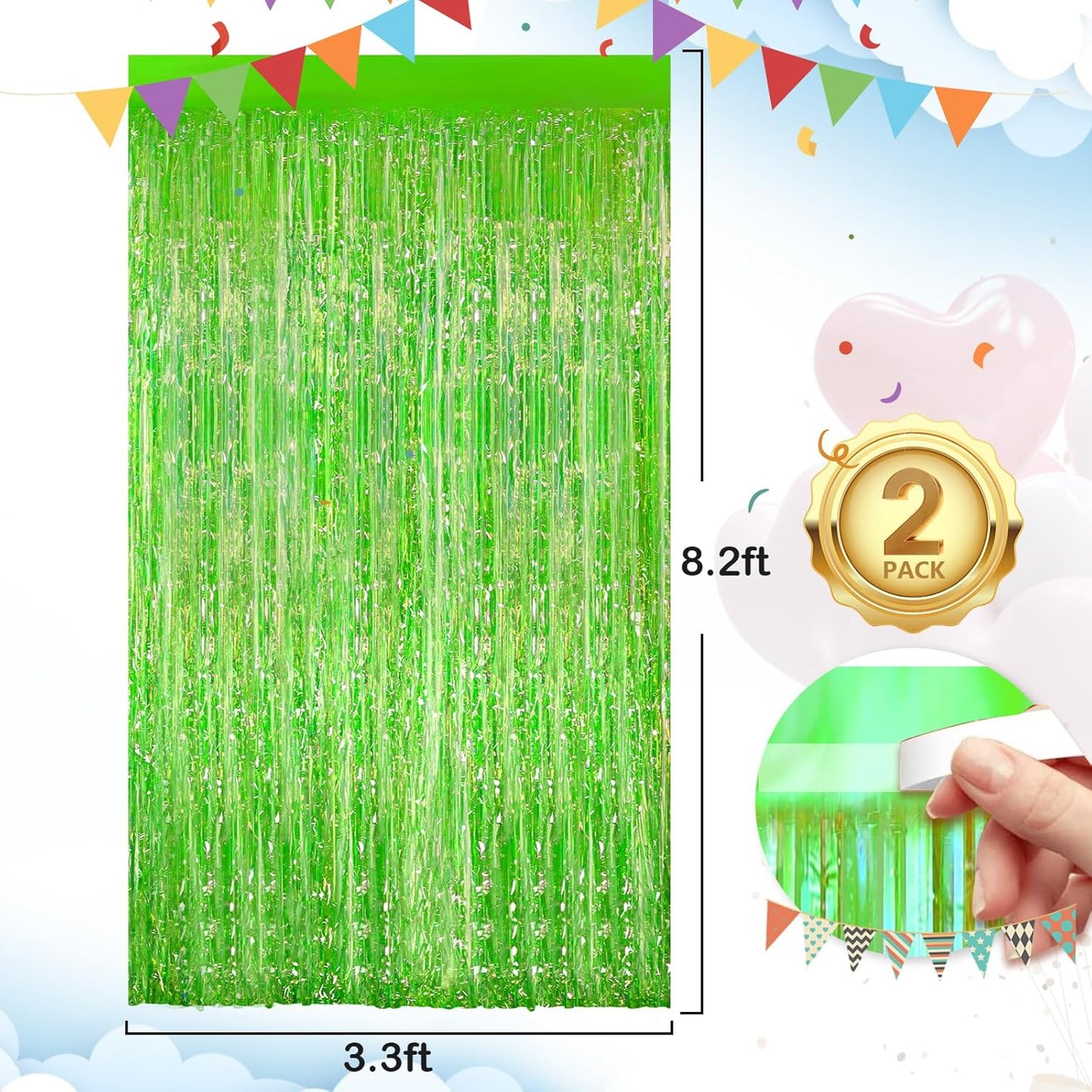 2Pack 3.3 x 8.3Ft Neon Green Foil Fringe Backdrop Curtains, Green Tinsel Streamers Birthday Party Decorations Fringe Backdrop for Graduation Baby Shower, Gender Reveal Disco Party Wedding Decorations