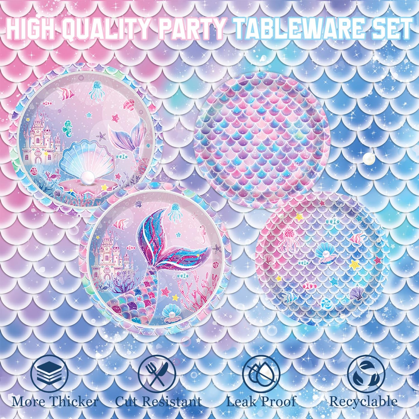 NKPDAXM Mermaid Birthday Decorations Include Plates, Napkins, Cups, Cutlery, Hanging Swirls
