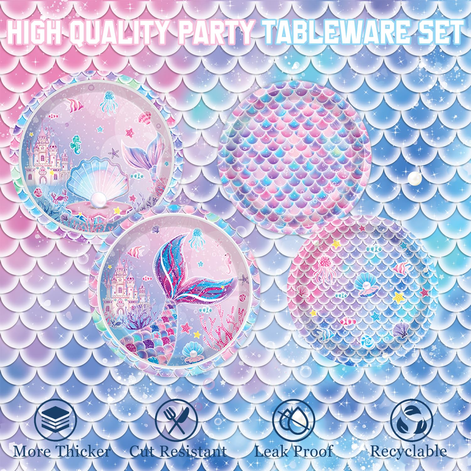 NKPDAXM Mermaid Birthday Decorations Include Plates, Napkins, Cups, Cutlery, Hanging Swirls