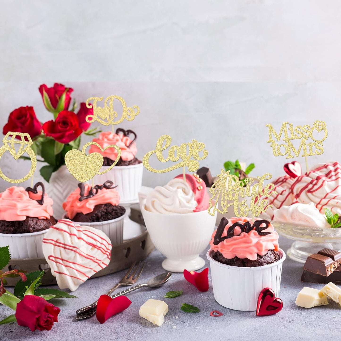 Gyufise 24Pcs Bride to Be Cupcake Toppers Gold Glitter I Do Love Heart Ring Miss To Mrs Cupcake Picks Bridal Shower Cake Decorations for Wedding Engagement Bachelorette Party Supplies