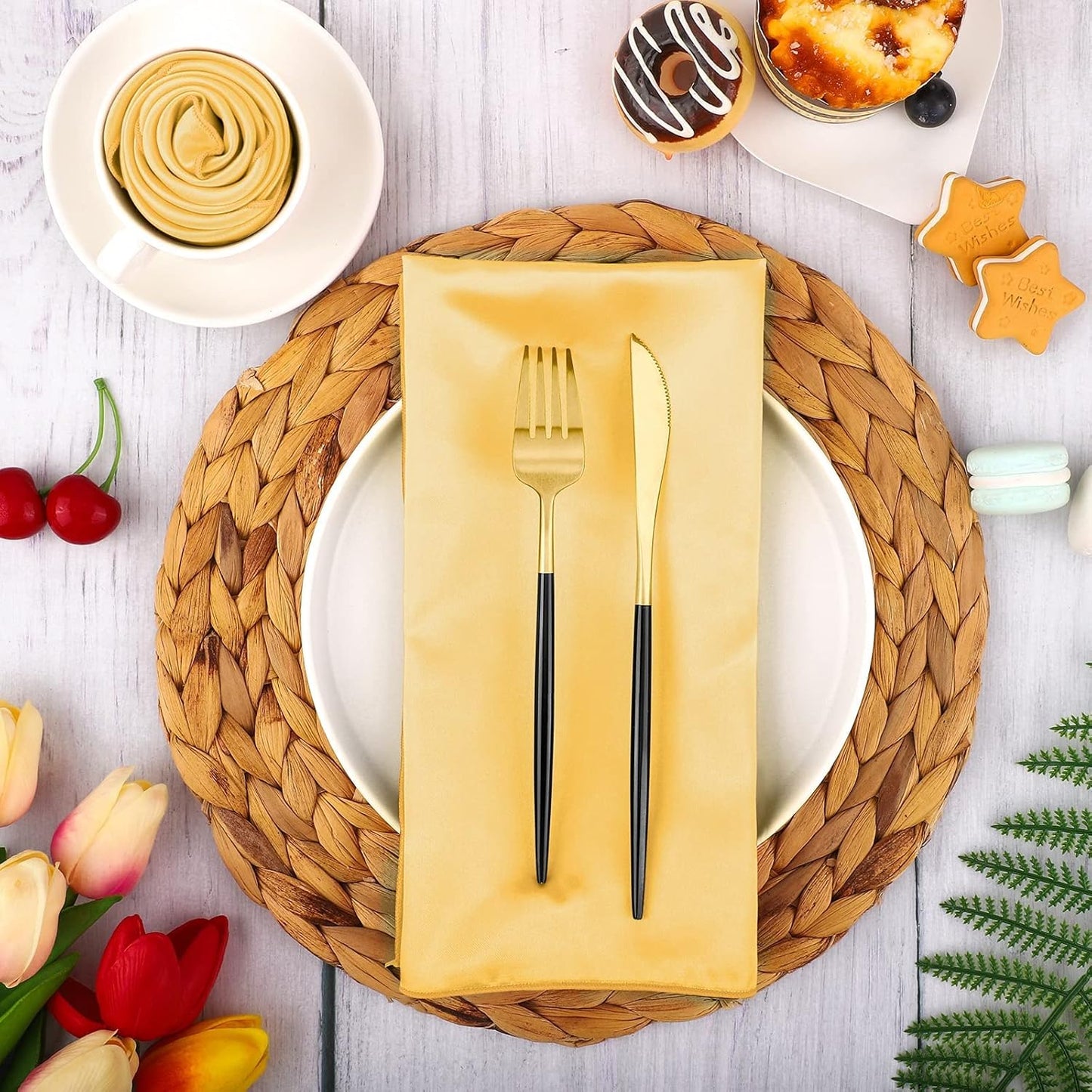 ANECO 16 Pack Square Satin Napkin Bright Silk Table Napkin Soft Smooth Fabric Table Napkin for Wedding Banquet Party Decoration, Gold, 17 x 17 Inch