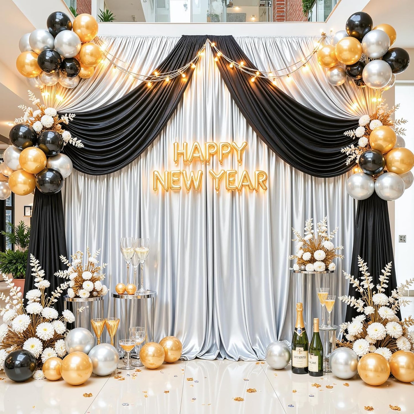 Silver Satin Backdrop Curtains 2 Panels - Glitter Photo Drapes for Baby Shower, 10x10FT Shimmer Back Drop Decor, Wrinkle Free for Birthday Party Prom Wedding Anniversary Background