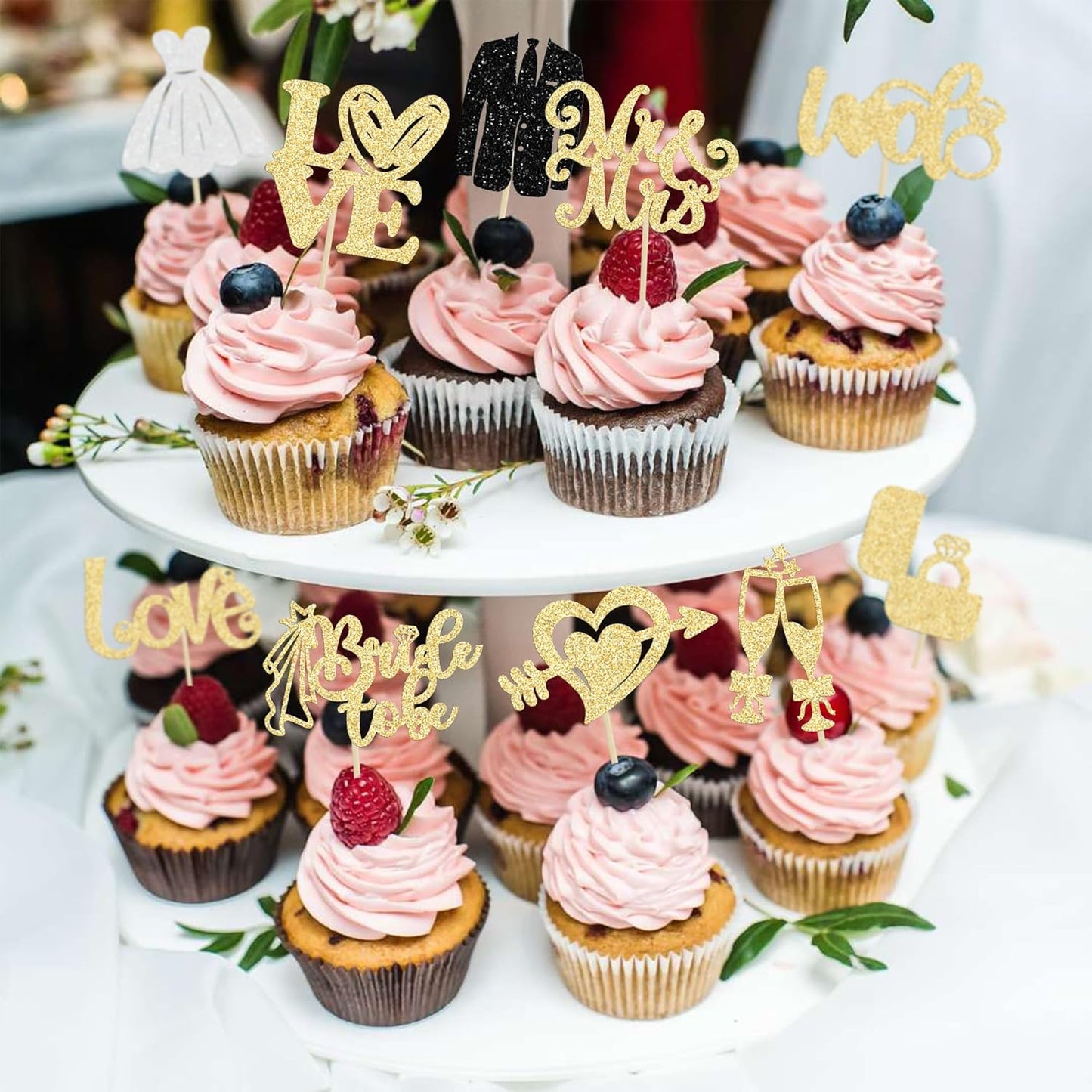 Ephlyn 30Pcs Bride to be Cupcake Toppers Glitter Diamond Ring Love I Do Cupcake Picks for Miss to Mrs Bridal Shower Wedding Engagement Bachelorette Cupcake Decorations Party Supplies Gold