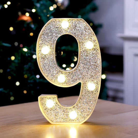 Marquee Light Up Letters, Glitter Silver LED Letter Lights Battery Powered Alphabet Letter Sign for Night Light Wedding Birthday Party Cafe Bar Decoration Girls Room Decor - Number 9