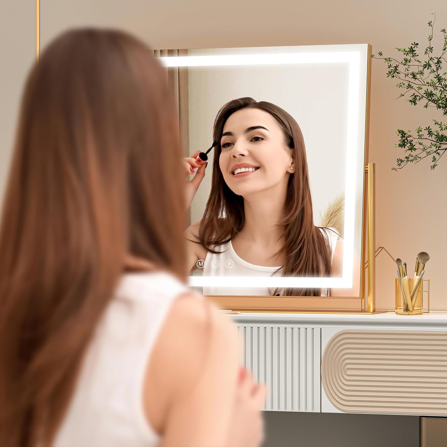 Vanity Mirror with Lights, 24'' x 20'' Lighted Makeup Mirror, Touch Screen with 3-Color Lighting, Dimmable for Vanity Desk Tabletop Square Gold