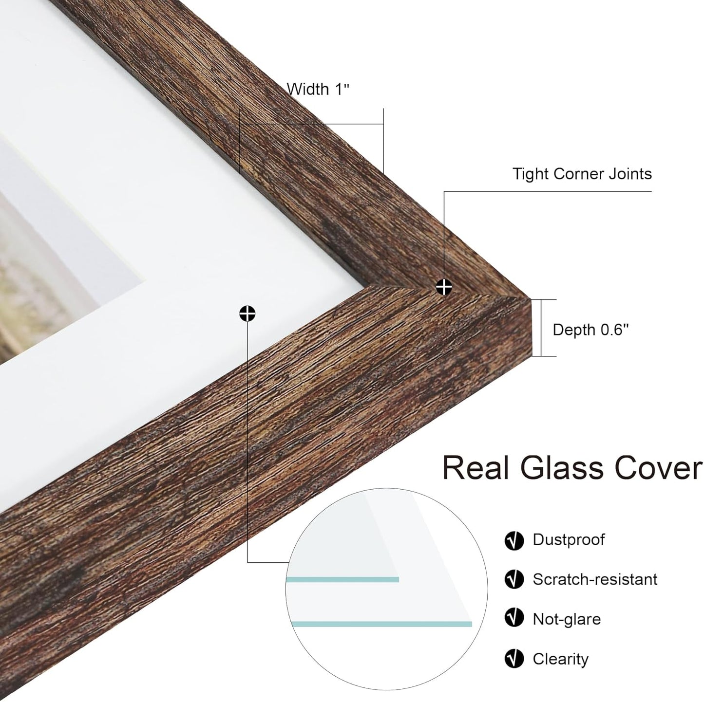 11x14 Picture Frame Set of 2, Rustic Brown Wood Frame with Real Glass Collage Picture Frames, Display Pictures Five 4x6 With Mat or 11 x 14 Without Mat, Photo Frames Wall Gallery