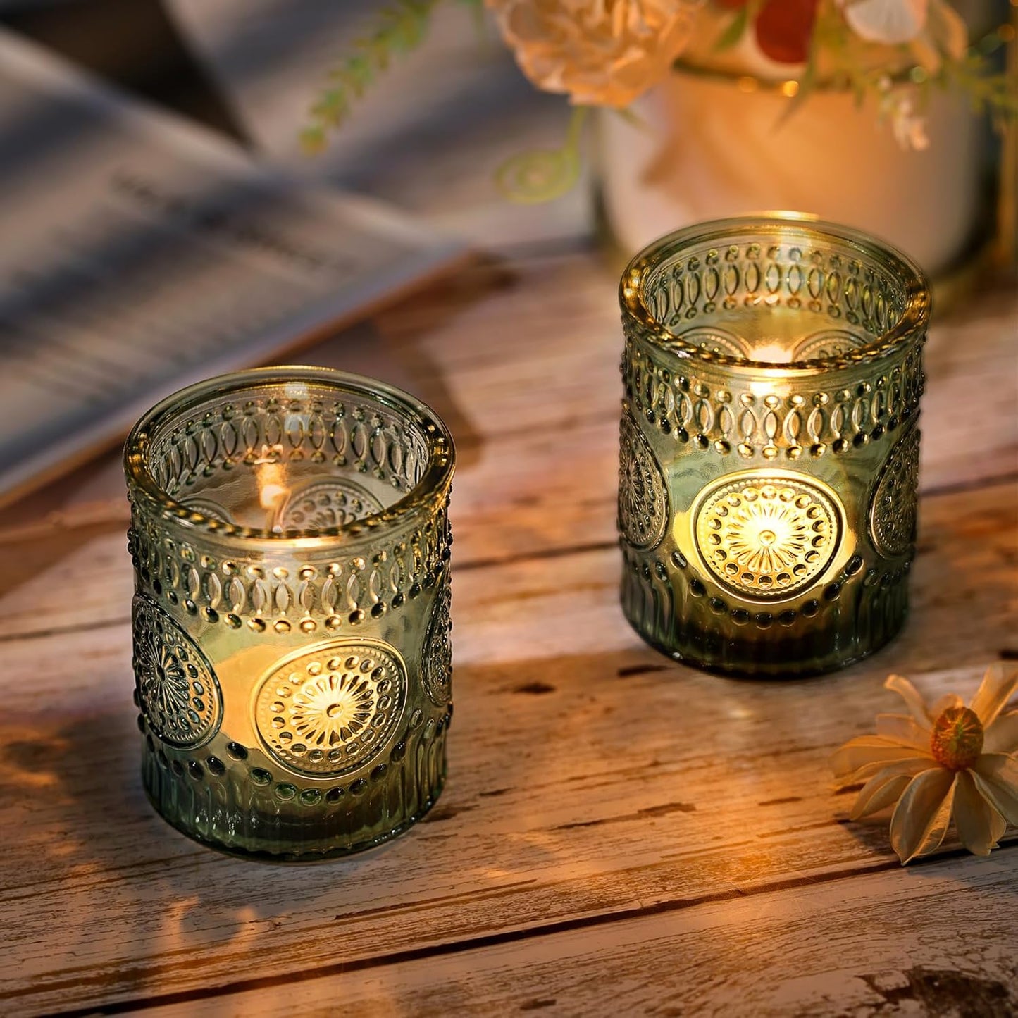 DARJEN Green Votive Candle Holders Set of 36- Glass Candle Holders Bulk for Flameless LED Tea Waxes, Tea Light Candle Holder for Wedding & Home Table Decor, Vintage Parties Gifts