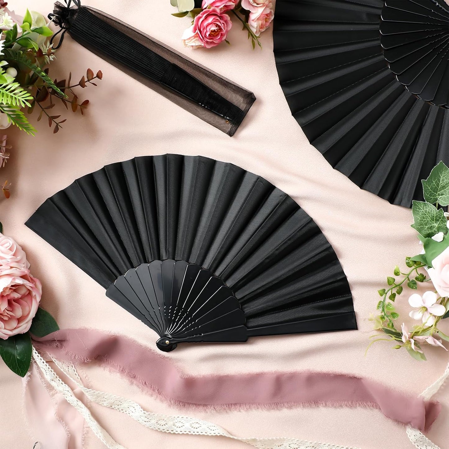 Wenqik 120 Pcs Wedding Folding Hand Fans Bulk Silk Fabric Chinese Handheld Foldable Clack Fans with Plastic Ribs for Party, Wedding Gifts, Line Dancing, Home Decorative (Black)