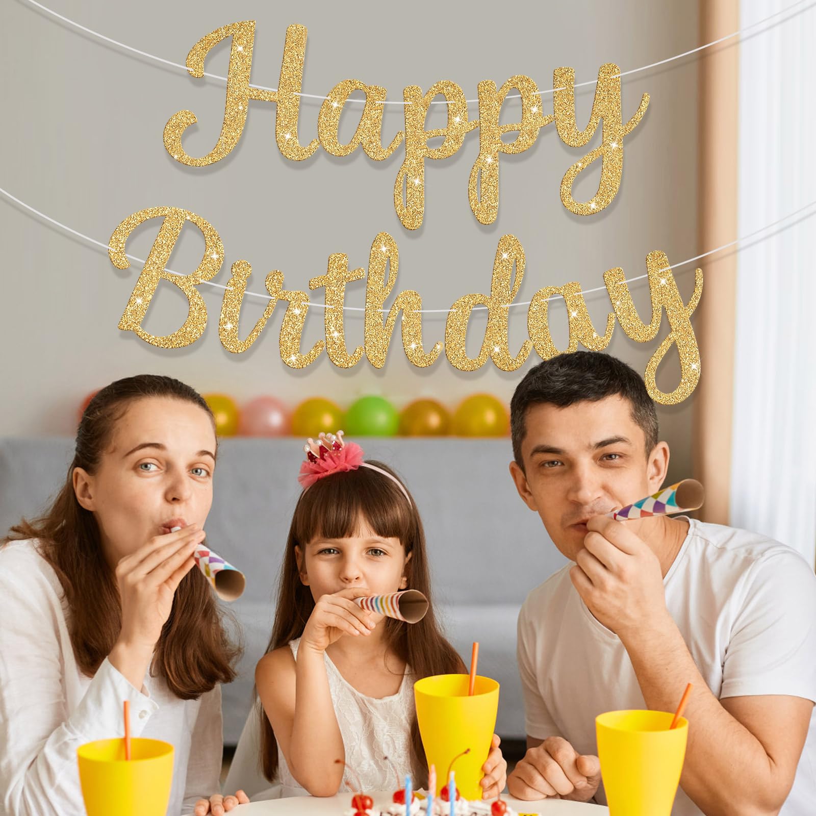 JHZMCRX Glitter Happy Birthday Banner Sign Birthday Garland Wall Door Banners Flag for Women Men
