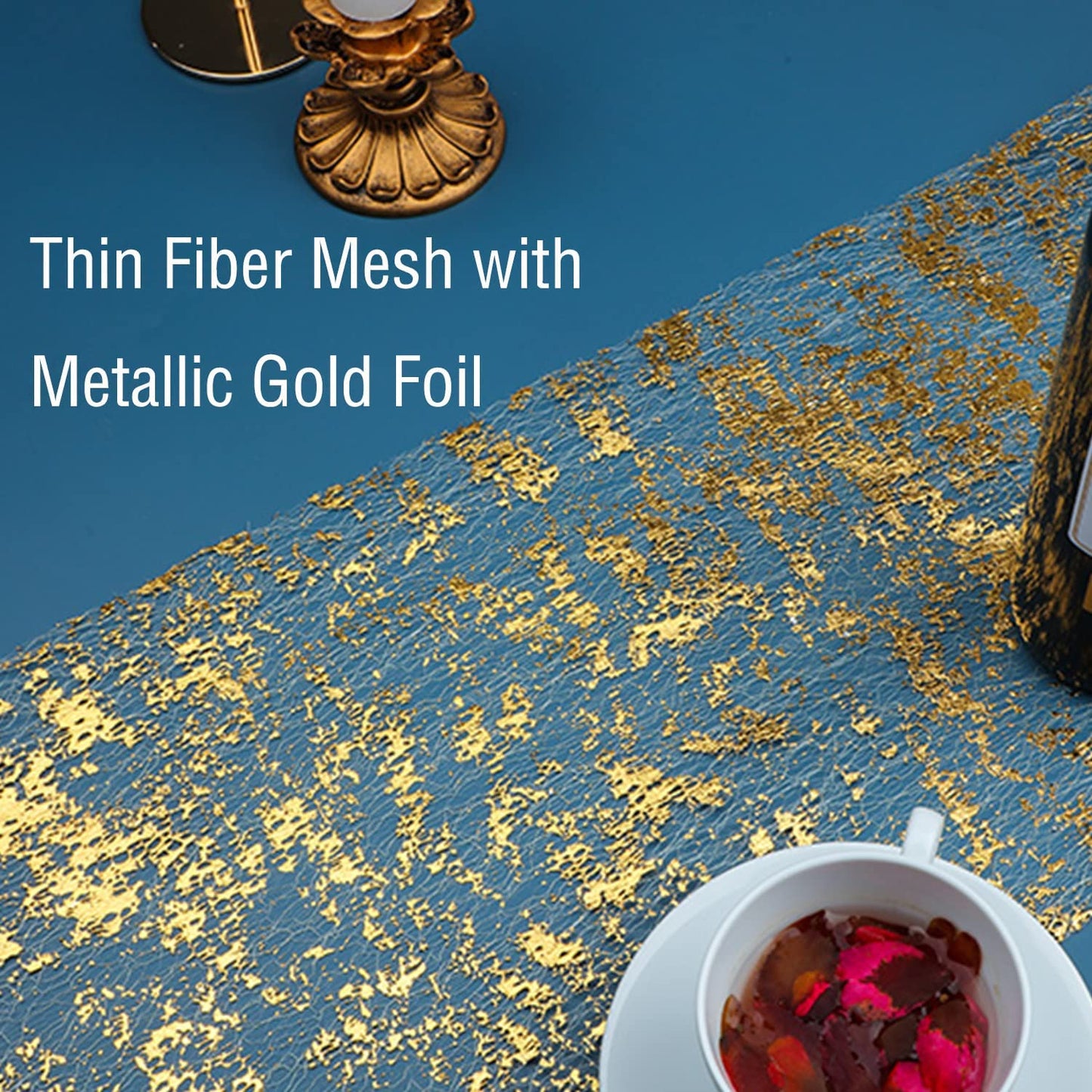 Snowkingdom 2 Pieces Gold Table Runner, Sequin Glitter Foil Metallic Thin Mesh Runner Roll