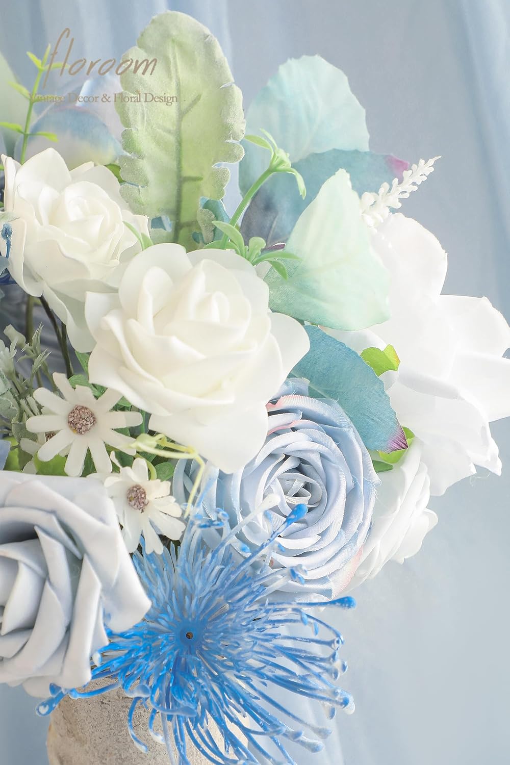 Floroom Dusty Blue Powder Blue Artificial Flowers Fake Roses Dahlias and Greenery Combo Box Set for DIY Wedding Bouquets Bridal Shower Centerpieces Floral Arrangements Party Tables Home Decorations