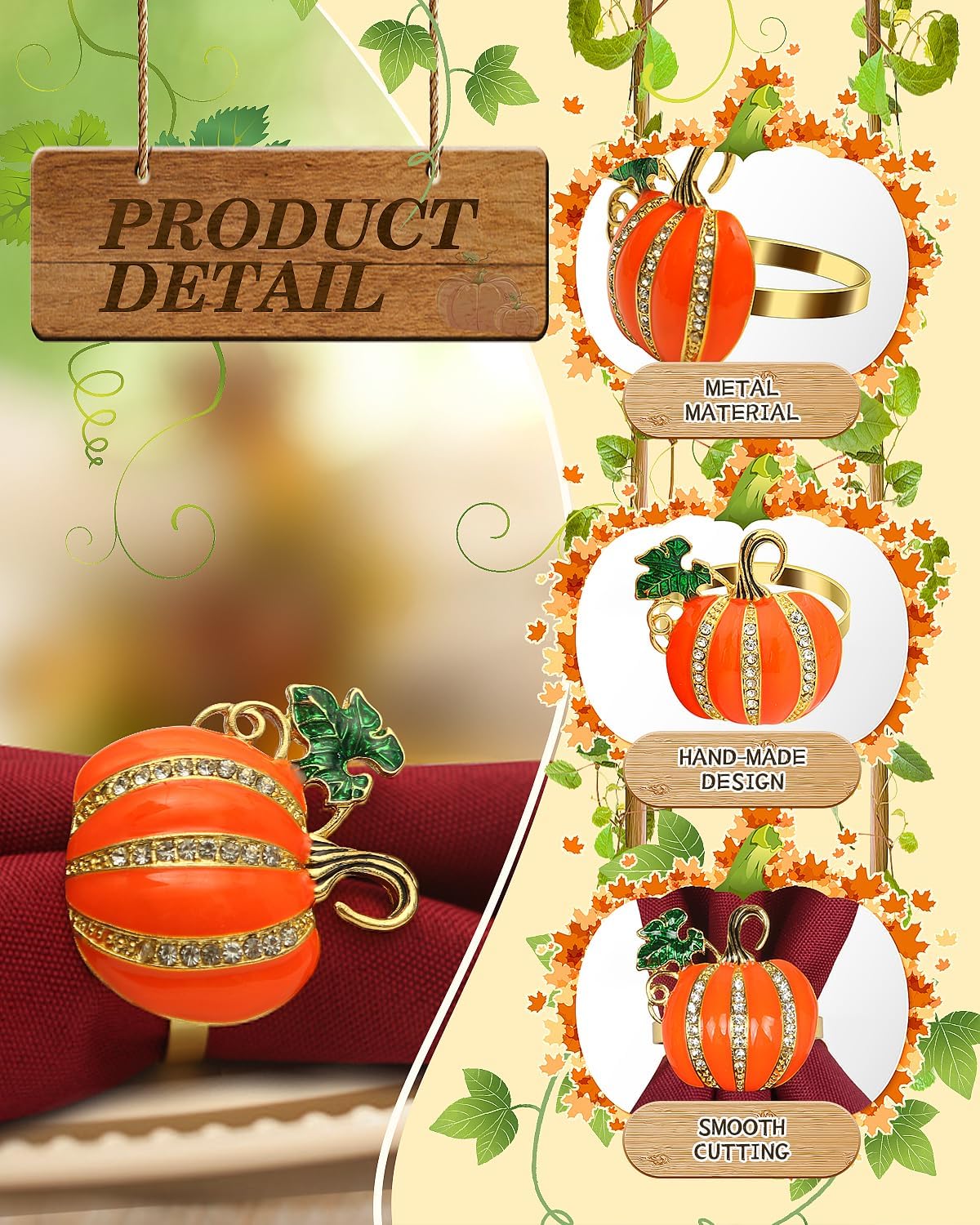 KPOSIYA Fall Napkins Rings, 6 Pcs Thanksgiving Napkin Ring Fall Maple Leaf Napkin Rings and Halloween Pumpkin Napkin Holders for Thanksgiving Table Decorations, Fall Banquet, Holiday Dinner Party