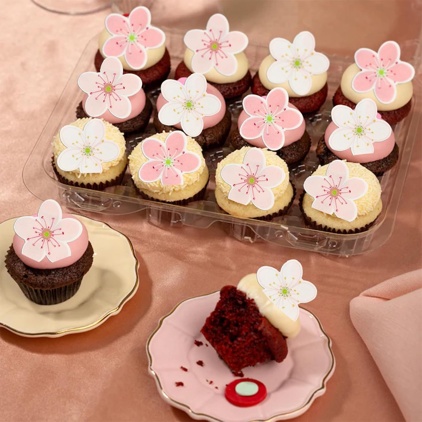 Ephlyn 54Pcs Edible Cherry Blossom Cake Decoration Spring Flowers Cupcake Toppers Wafer Paper Flowers Cake Decoration Wedding Birthday Baby Shower Party Supplies White Pink