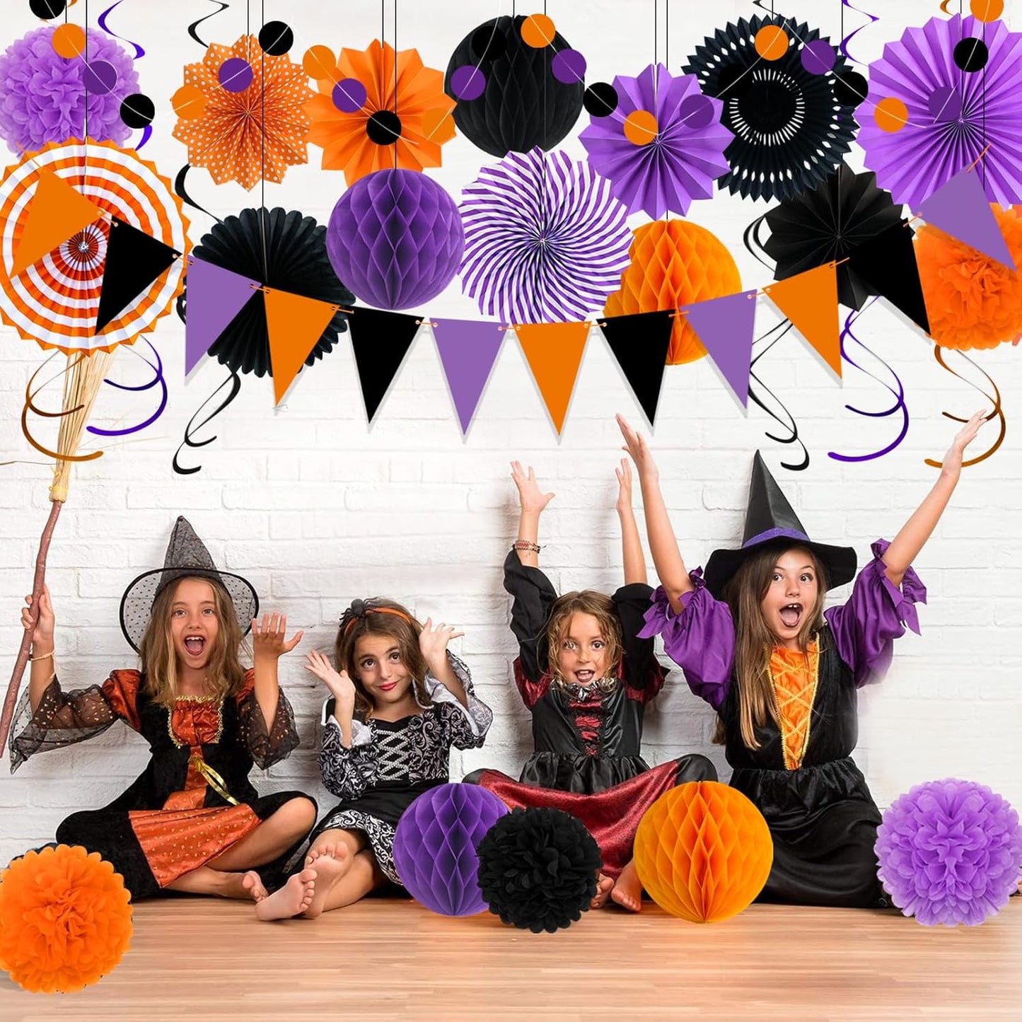 Halloween Party Decorations Paper Fans, Graduation Season Hanging Glitter Triangle Flags Banner Hanging Paper Fan Happy Birthday Banners and Triangular Flag, Bridal Shower,Purple Themed Birthday