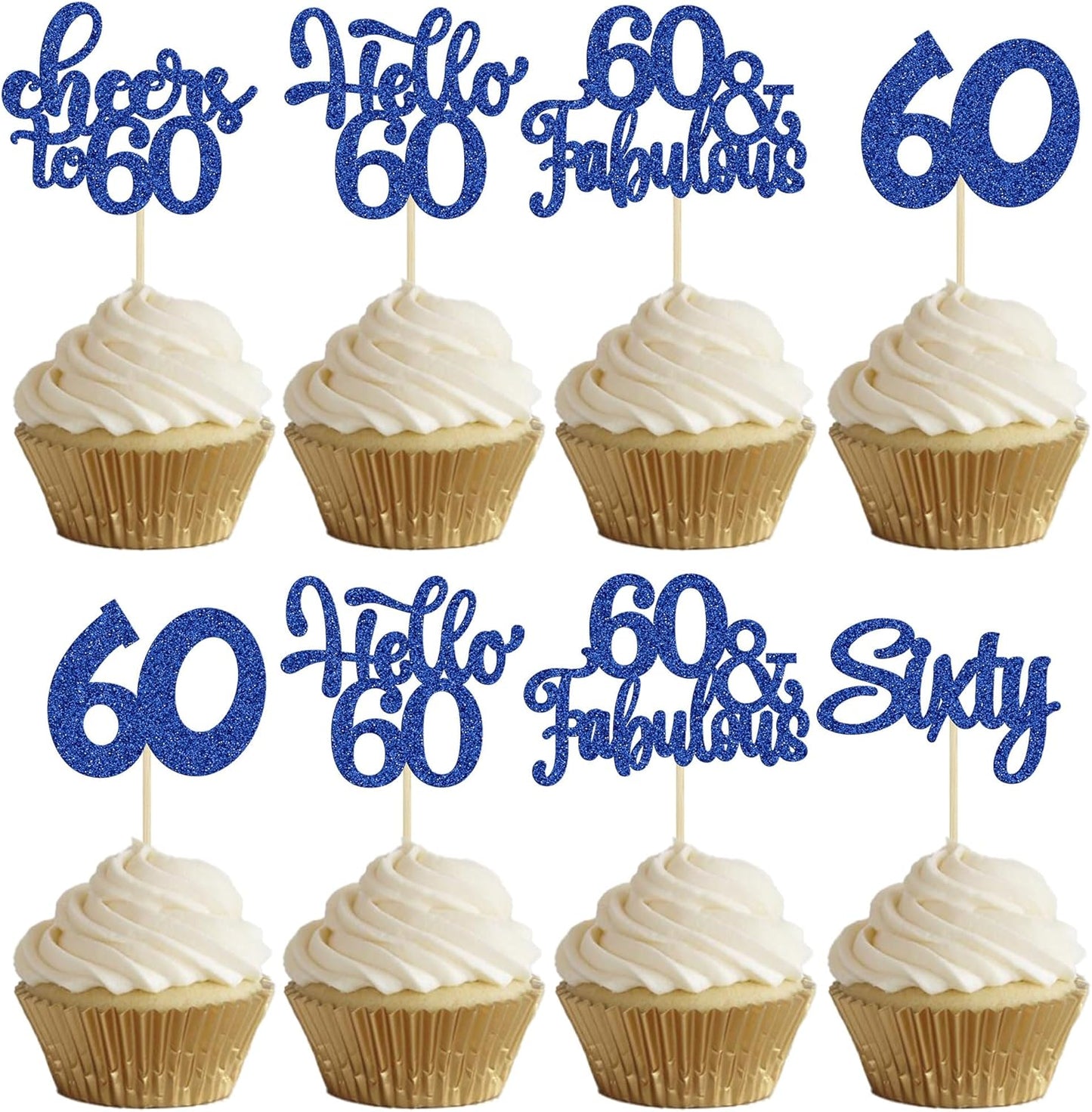30Pcs Happy 60th Birthday Cupcake Toppers Deep Blue Glitter Sixty Cake Toppers Cheers to 60 Years Old Birthday Cupcake Picks for 60th Birthday Anniversary Party Cake Decorations Supplies