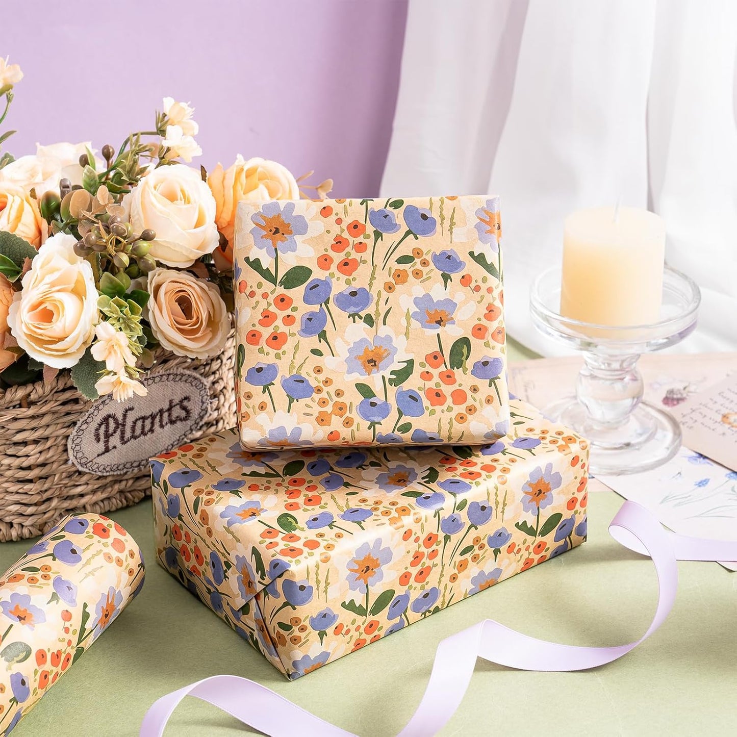 WRAPAHOLIC Kraft Floral Wrapping Paper Roll - Mini Roll - 17 Inch x 9.8 Feet - Watercolor Flower Wrapping Paper, Perfect for Wedding, Birthday, Bridal Shower, Tea Party