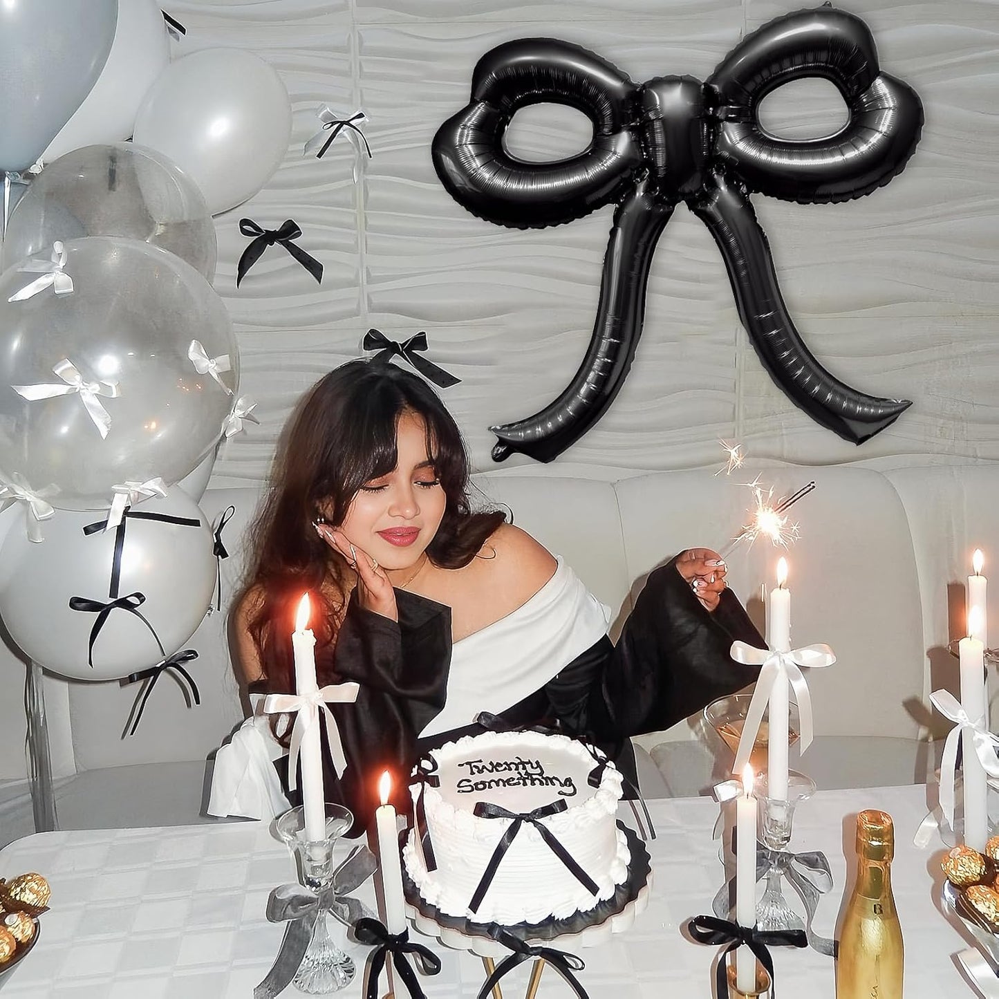 4 Pcs Bow Birthday Decorations Black Bow Balloons Bow Party Decorations Giant Foil Balloon for Girl Women Baby Shower Bridal Engagement Wedding Decor Bachelorette Party Supplies