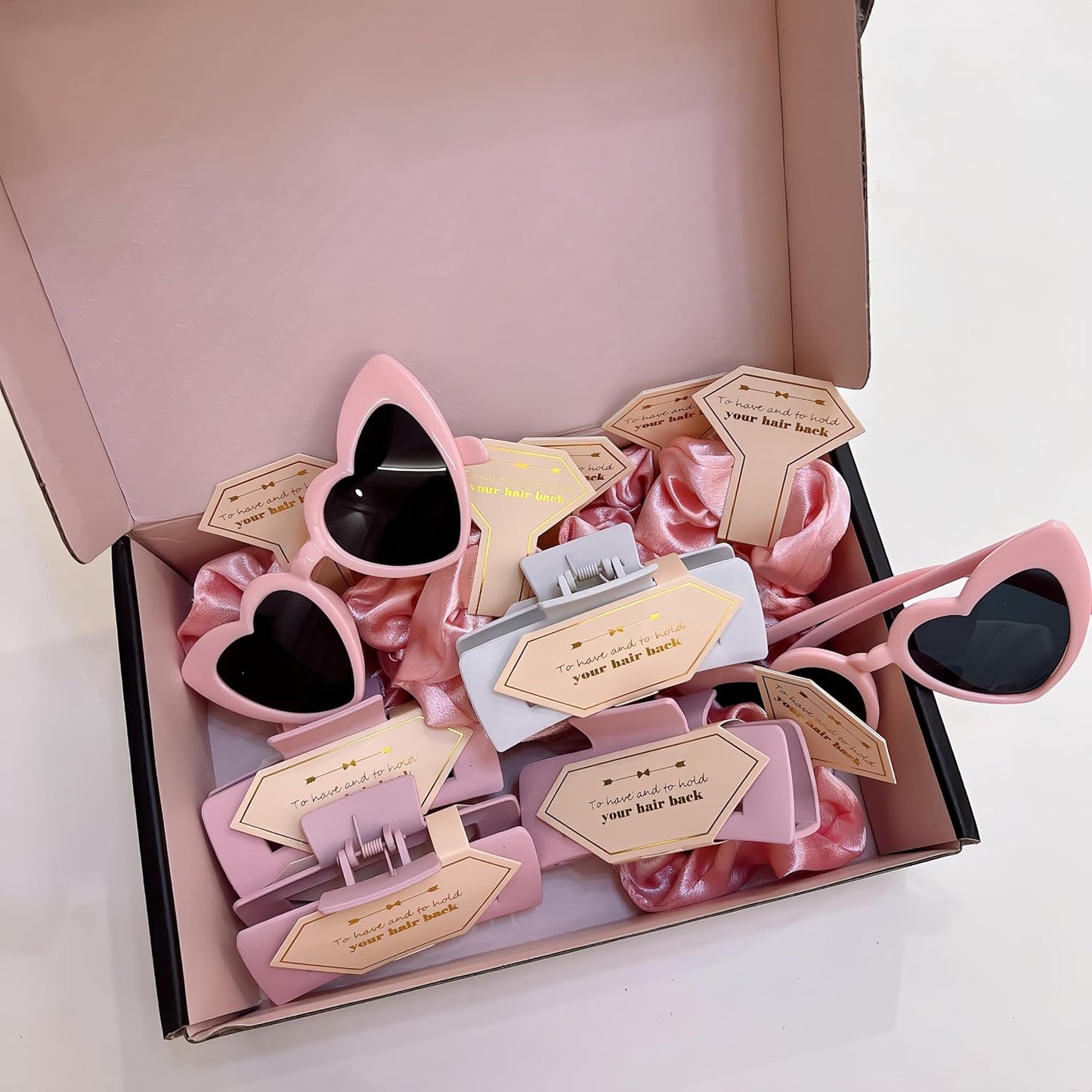 Bridesmaid Scrunchies Proposal Gifts Bachelorette Hair Claws Clips Girls heart sunglasses for Wedding Party Favors (White&Beige)