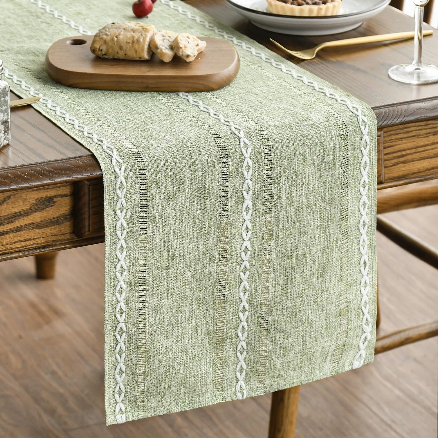 Artoid Mode Sage Green Rustic Cotton Linen Table Runner, Seasonal Embroidered Hollow Kitchen Dining Table Decoration for Home Party Decor 13x60 Inch