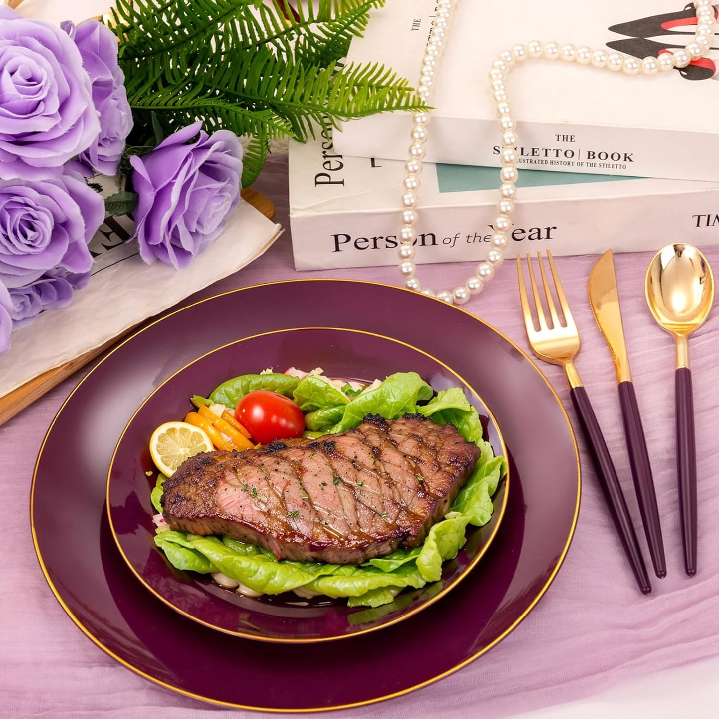 Liacere 150PCS Purple Plastic Plates - Gold Plastic Silverware with Purple Handle - Disposable Plates Include 30 Guests Plates, Forks, Spoons, Knives for Wedding&Father's Day&Independence Day