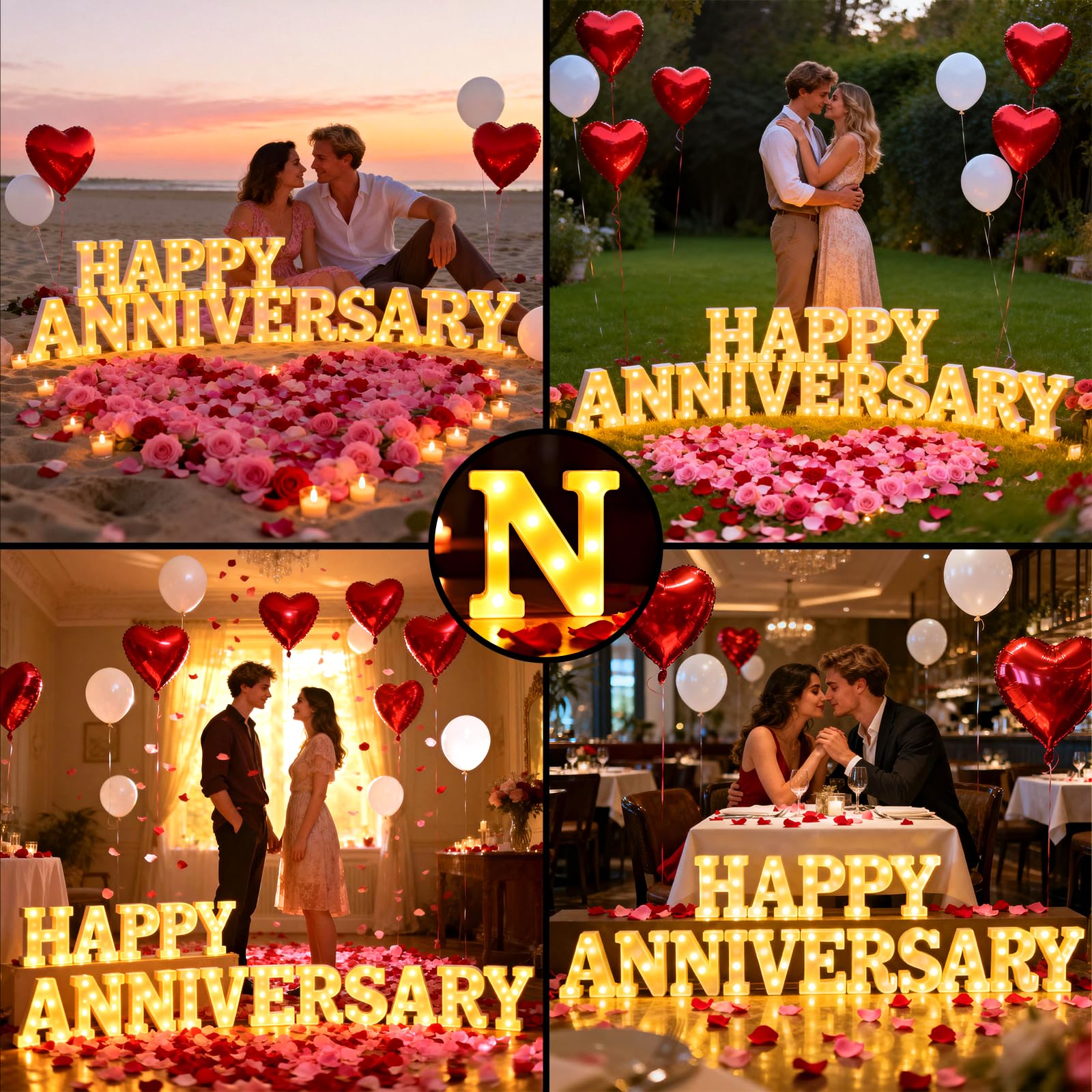 Peledic Happy Anniversary Decorations, Light up Letters Sign, with Rose Petals, Round Pearlescent