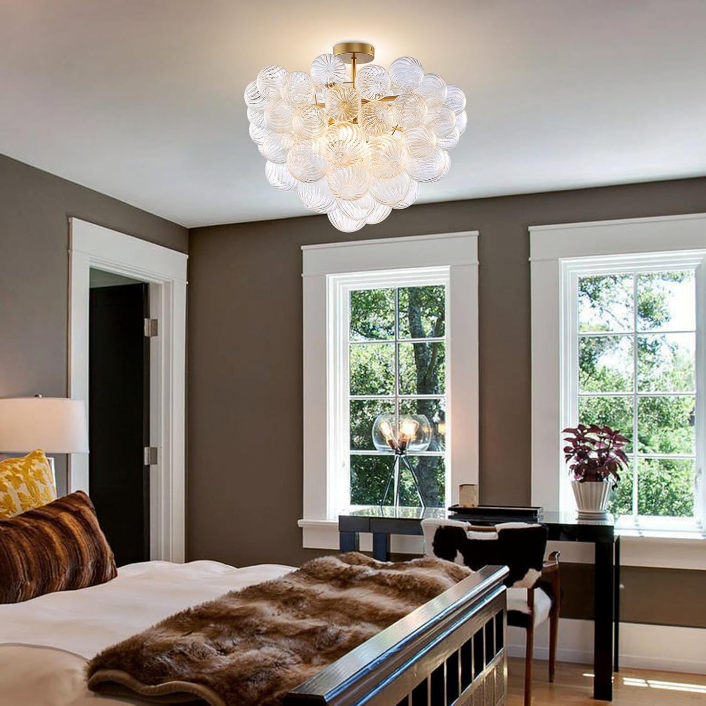 Nordic Bubble Ball Swirled Glass Ceiling Lights Fixture, Dia 24 inch Gild Brass and Clear Blown Glass Small Chandelier for Bedroom Study Bathroom