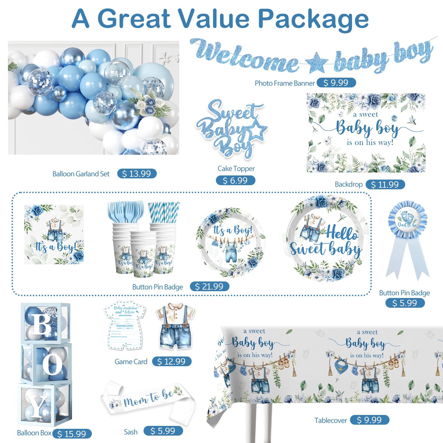 cocomigo Blue Boy Baby Shower Decorations, All-in-One Set for 20 Guests