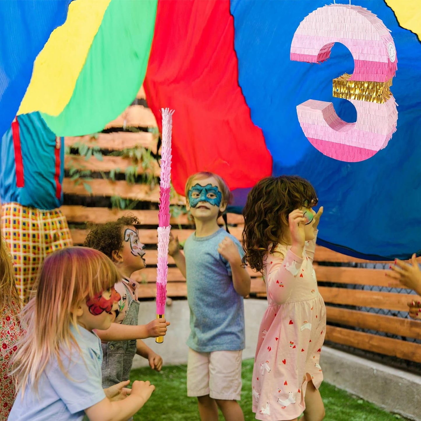 PCFING 20 Inch Number 3 Piñata Pink Gold with 30 Inch Piñata Stick Blindfold Confetti for Boys Girls Adults Birthday Party Decorations, Anniversary Celebration, Fiesta