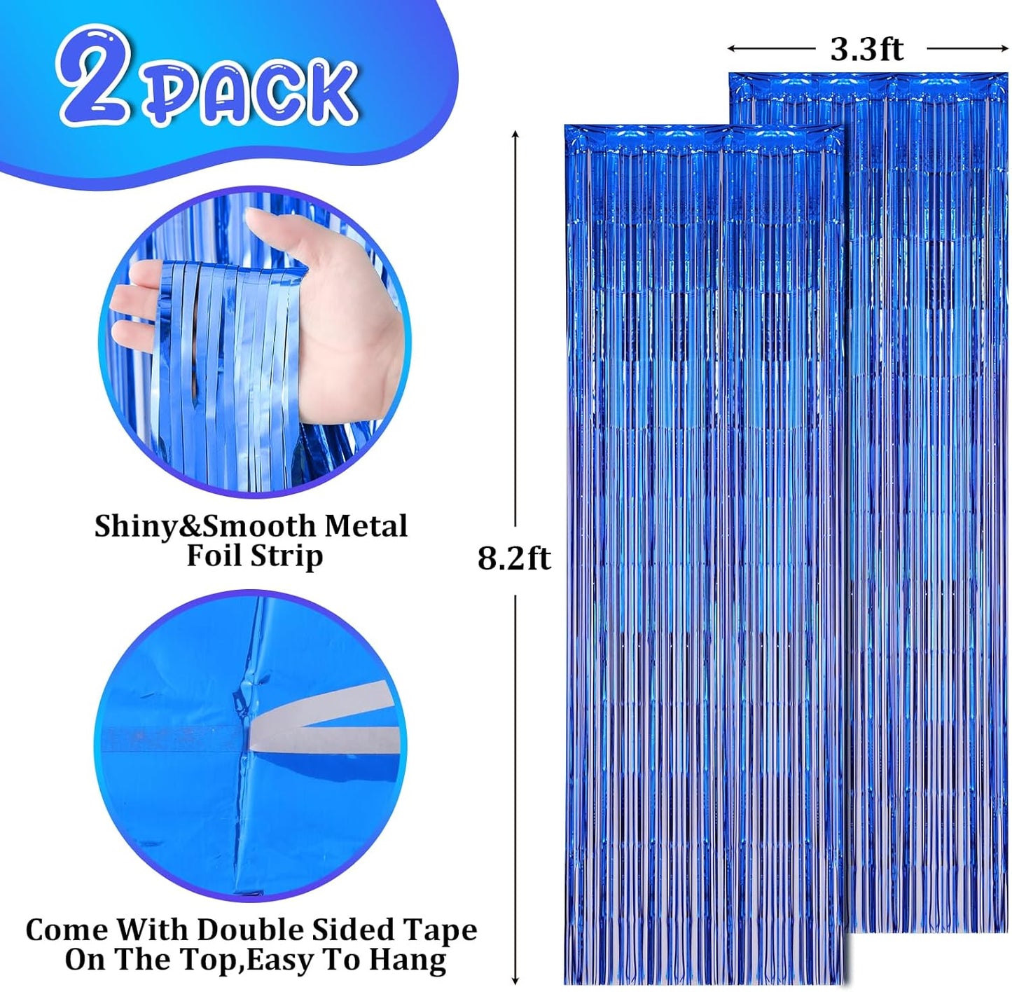 2 Pack Blue Foil Fringe Backdrop Curtains, Tinsel Streamers Birthday Party Decorations, Fringe Backdrop for Graduation, Baby Shower, Gender Reveal, Disco Party