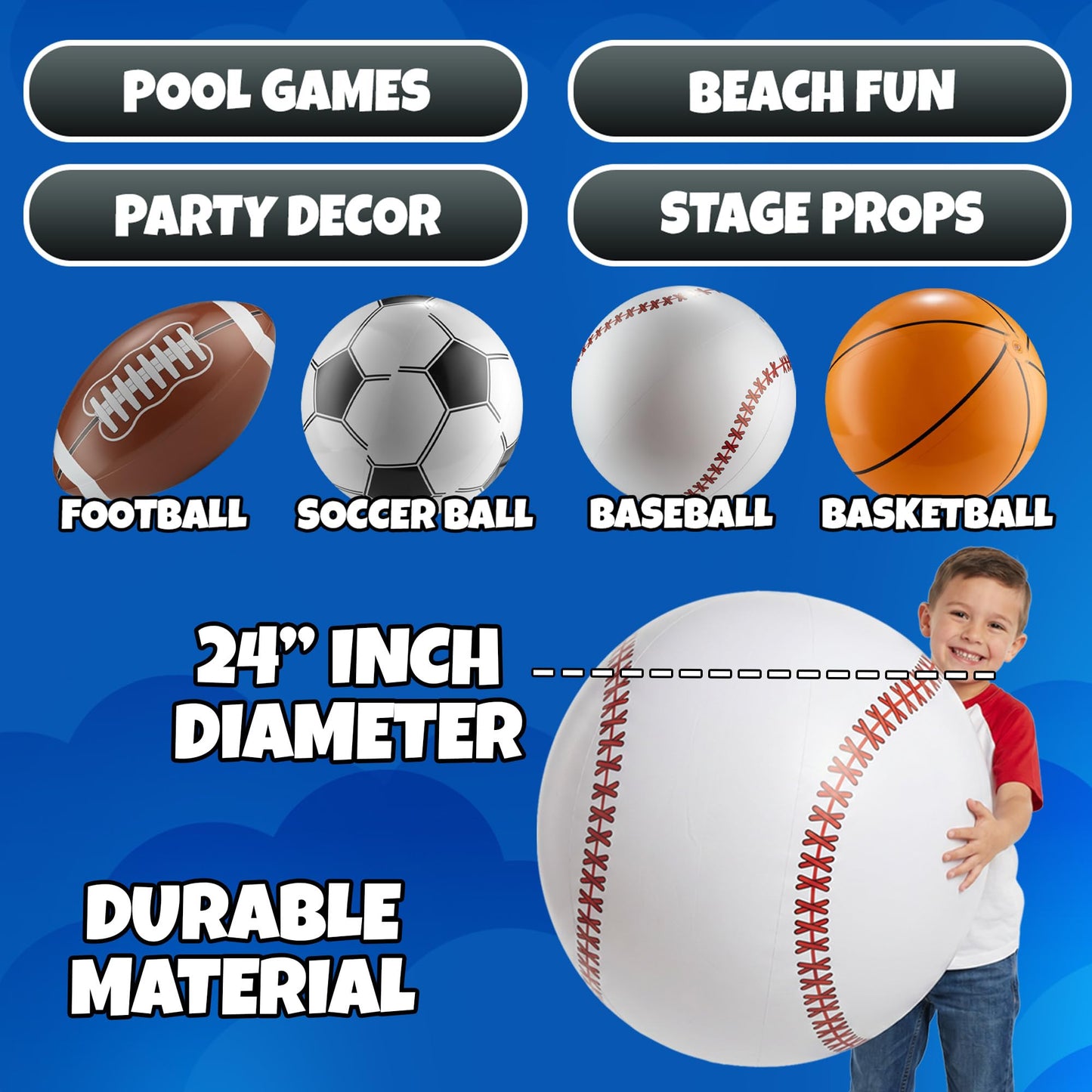 24-Inch Inflatable Sports Beach Balls - Blow Up Party Decoration - 4-Pack