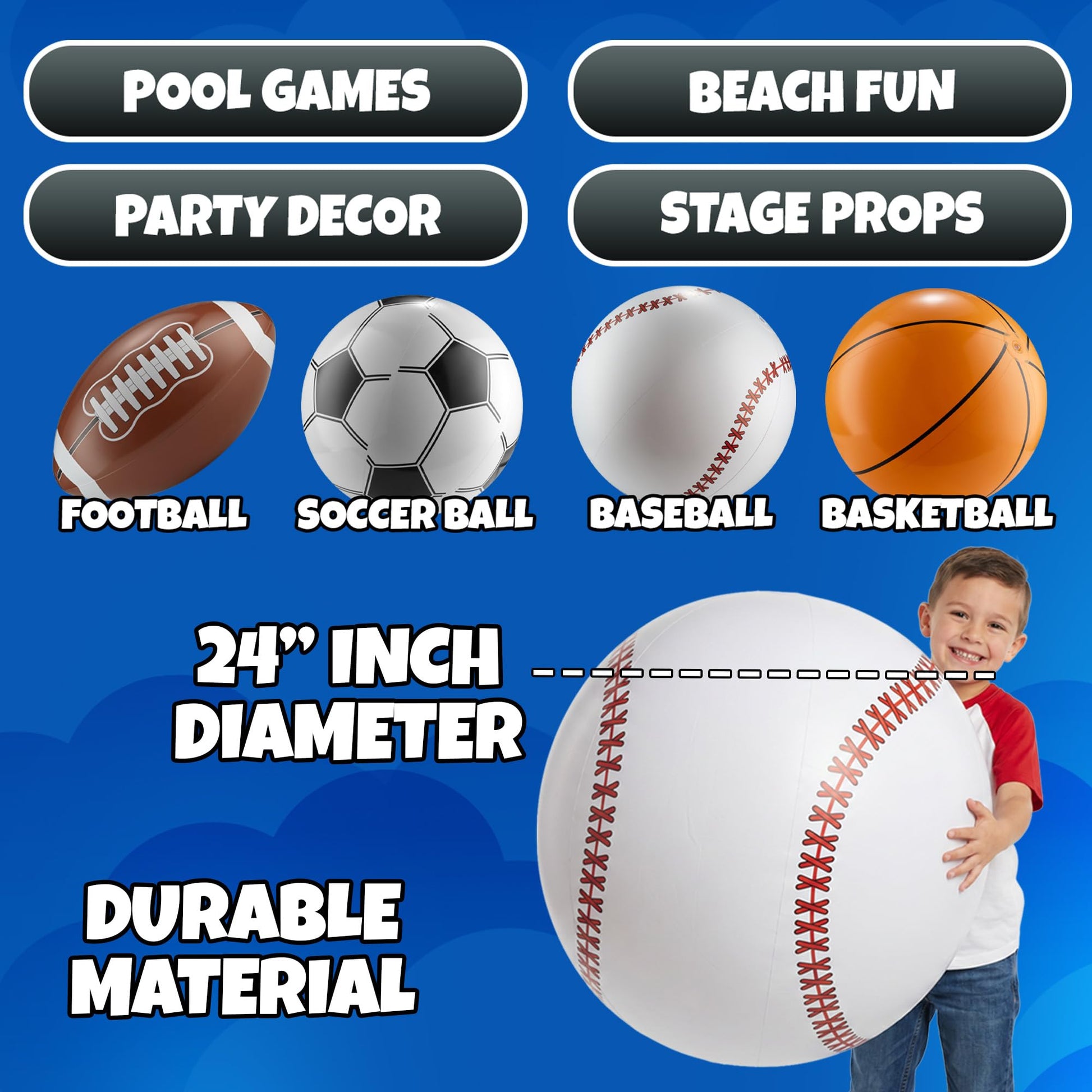 24-Inch Inflatable Sports Beach Balls - Blow Up Party Decoration - 4-Pack