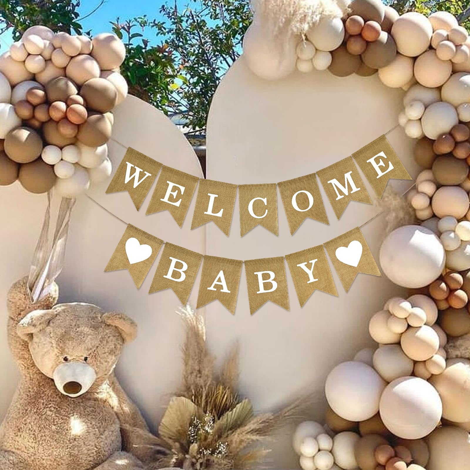 Anwyll Burlap Welcome Baby Banner - NO DIY Baby Shower Decoration Banner Oh Welcome Babies Shower