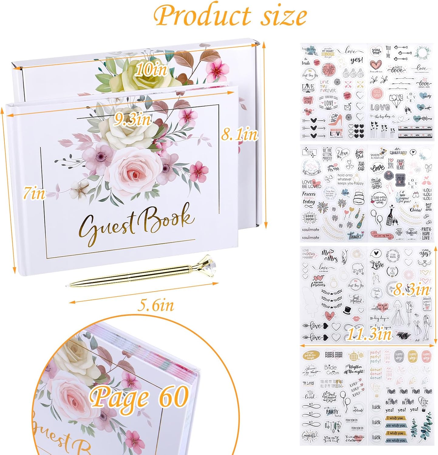 Wedding Guest Book,9x7''120 Page/60 Sheets Hardcover Personalized Wedding Guestbook Photo Album Sign in Book with Sign in Pen and Creative Stickers for Weddings,Baby Shower, Party Birthday,Graduation
