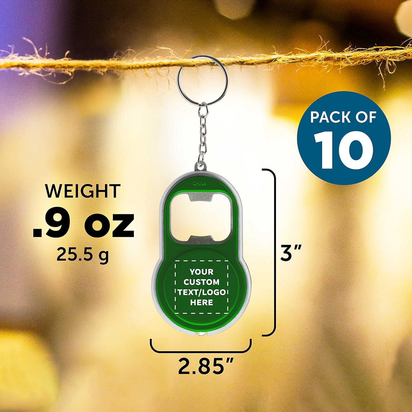 DISCOUNT PROMOS Custom Bottle Opener & LED Keychains Set of 10, Personalized Bulk Pack - Perfect for Tradeshows, Party Favors, Other Events - Green