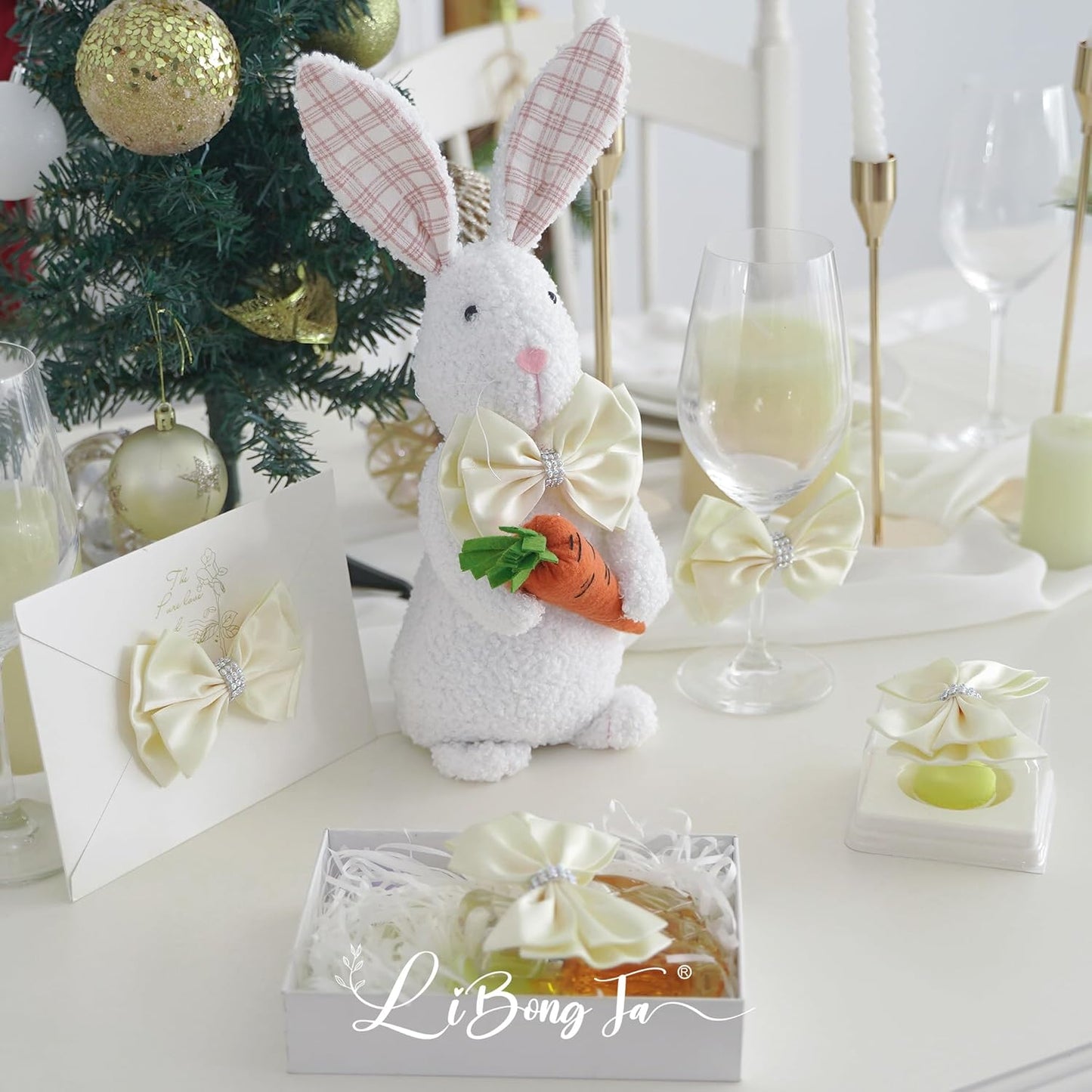 Ivory Satin Bows 4'' Premade Ivory Ribbon Bows, Gift Bows with Rhinestone, Wrapping Bows for Presents, Greeting Cards, Treat Bags, Wine Bottles, Valentines Bows for Gift Wrapping-12 Counts