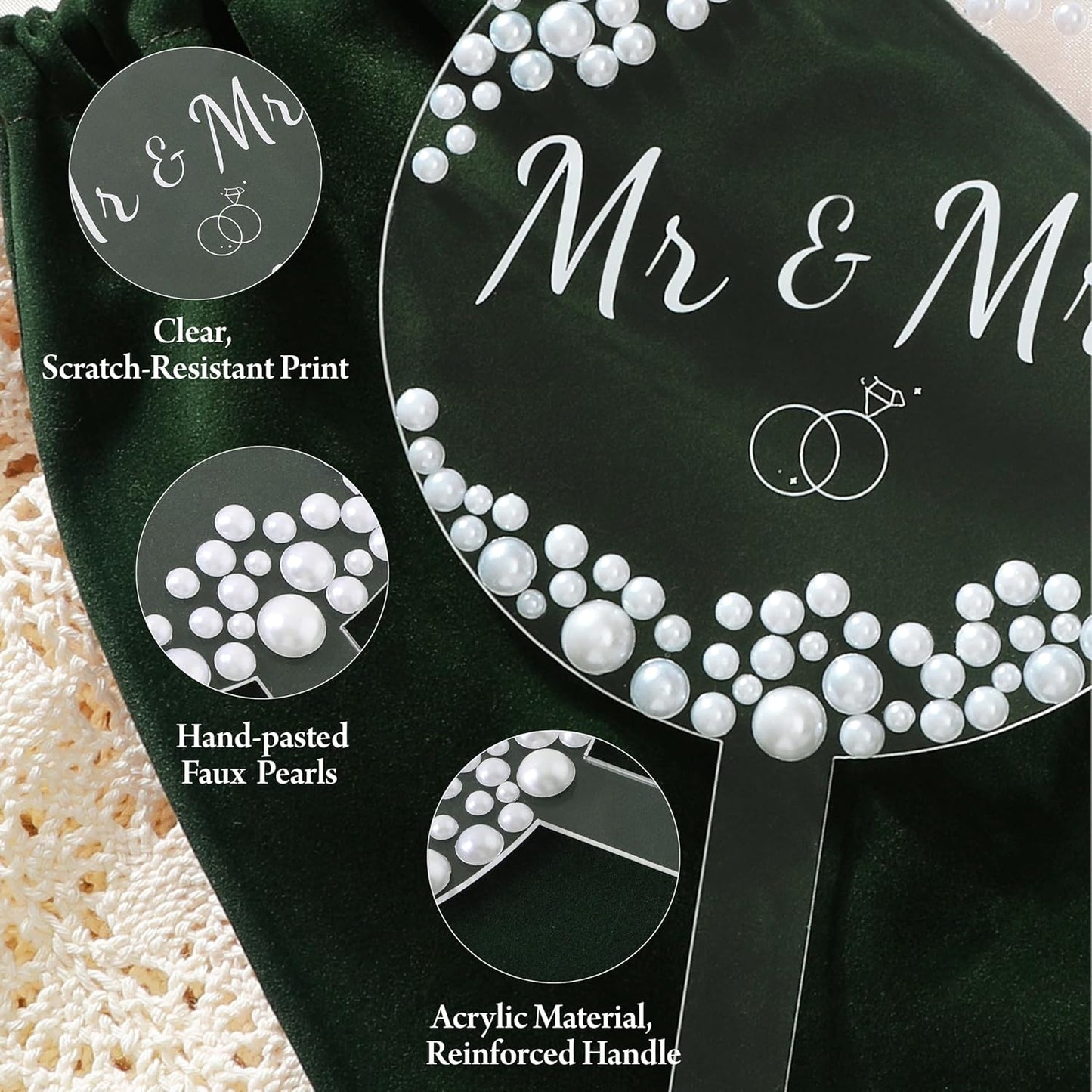 Coucoland Mr and Mrs Cake Topper - Round Acrylic Wedding Cake Decor with Elegant Pearls for Engagement Bridal Anniversary