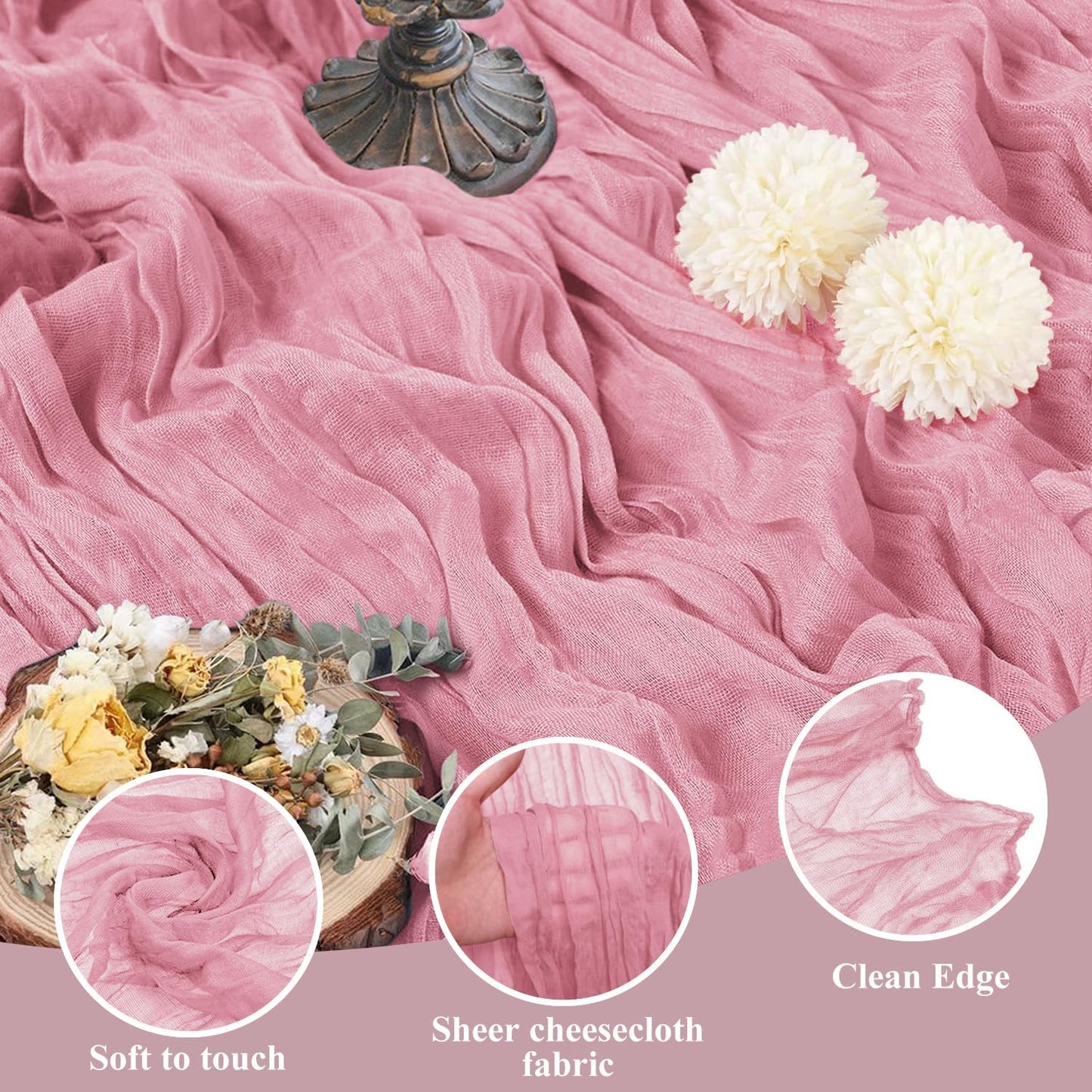 Asee'm 4pcs Cheesecloth Table Runner 120 Inches Long Pink Boho Gauze Cheese Cloth Runner 10FT Rustic Sheer Table Runners for Christmas Wedding Party Baby Shower Spring Easter Decoration