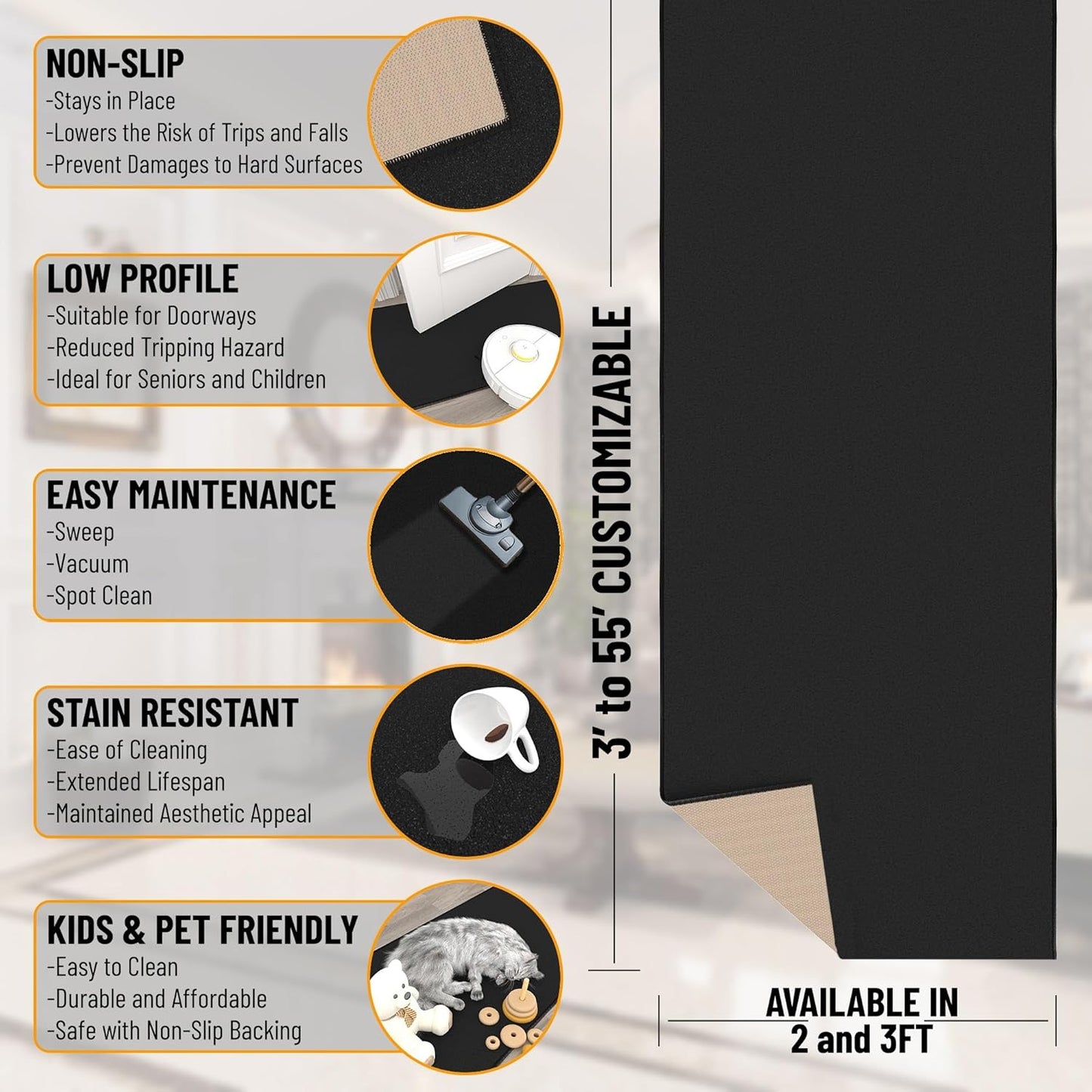 Ottomanson 2x20 Non Slip Extra Long Hallway Runner Rug with Rubber Backing - Solid Modern Kitchen Rug for Bedroom or Living Room, Black, 2' x 20'