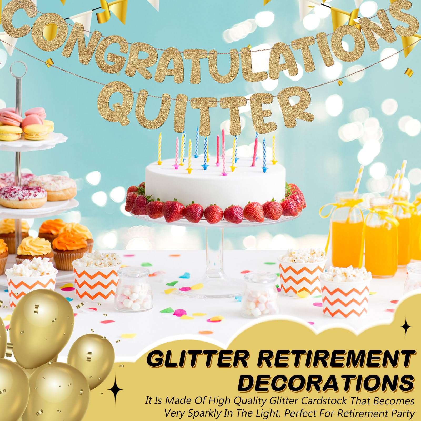 Fulmoon Congratulations Quitter Retirement Banner Glitter,Champagne Gold