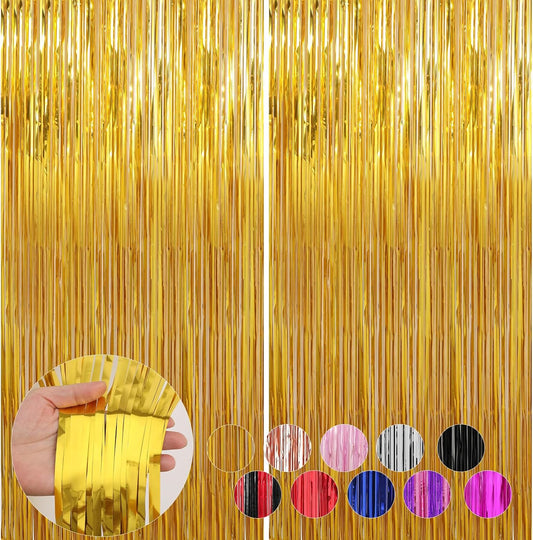 2 Pack Gold Foil Fringe Curtains Streamers Party Decorations 3.3 x 8.2 ft, Gold Tinsel Curtain Fringe Backdrop for Parties, Door Fringe Birthday Streamers, Photo Booth Backdrops, Party Decor