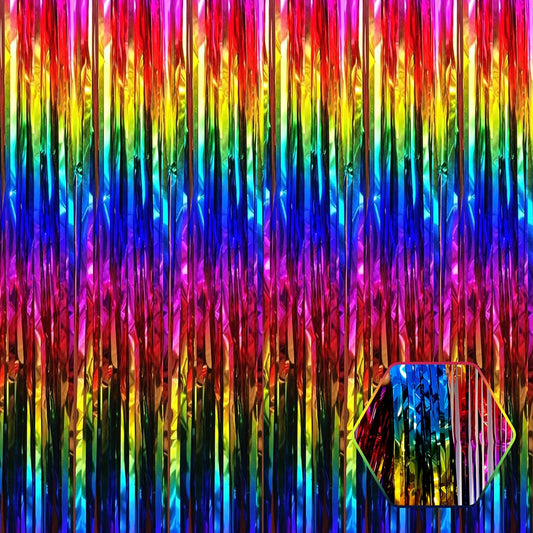 3 Pack Rainbow Foil Fringe Curtain Backdrop, 3.28Ft x 8.2Ft Metallic Tinsel Foil Fringe Streamer Curtains for Photo Booth, Mother's Day, Easter, Birthday, Wedding Party Decorations