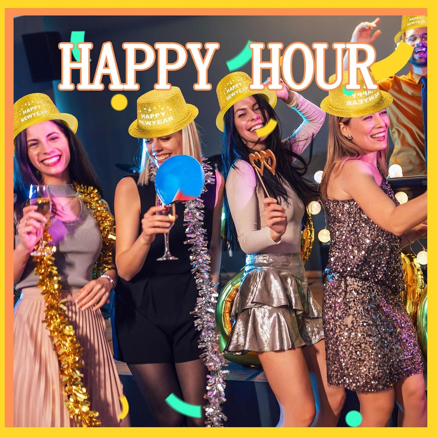 Hillban 12 Pcs Top Hats Halloween Glitter Plastic Retro Disco Party Hats for Halloween Magician Birthday Wedding Carnivals(Golden with Letter,Novel)